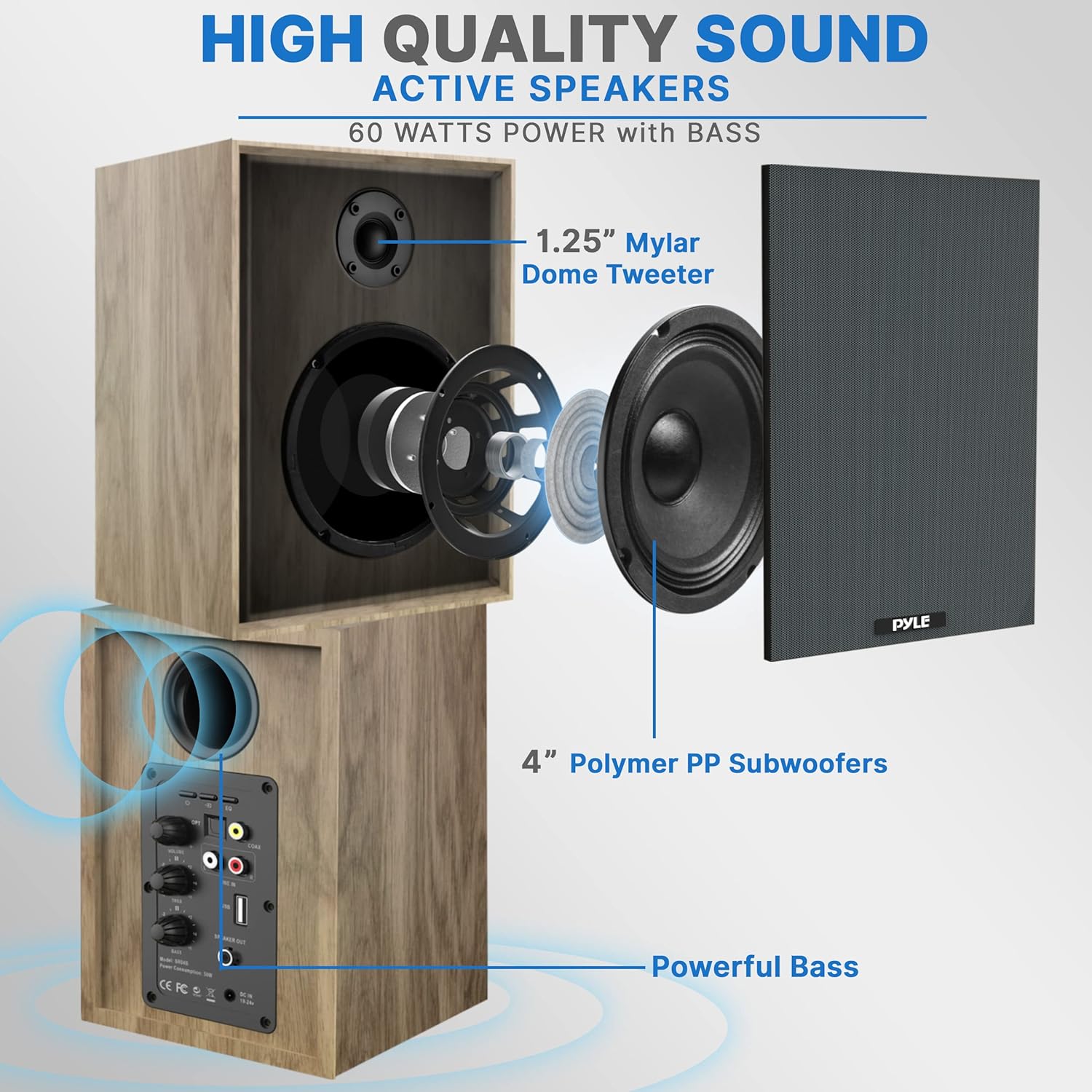 PyleUsa Powered Bookshelf Speaker Monitors HiFi Studio Monitor Computer Desk Stereo Speaker System Opt/Coax/RCA/USB/AUX Out Connection, VOL/TREB/BASS Control Studio Sound, Wood - PBKSRB40