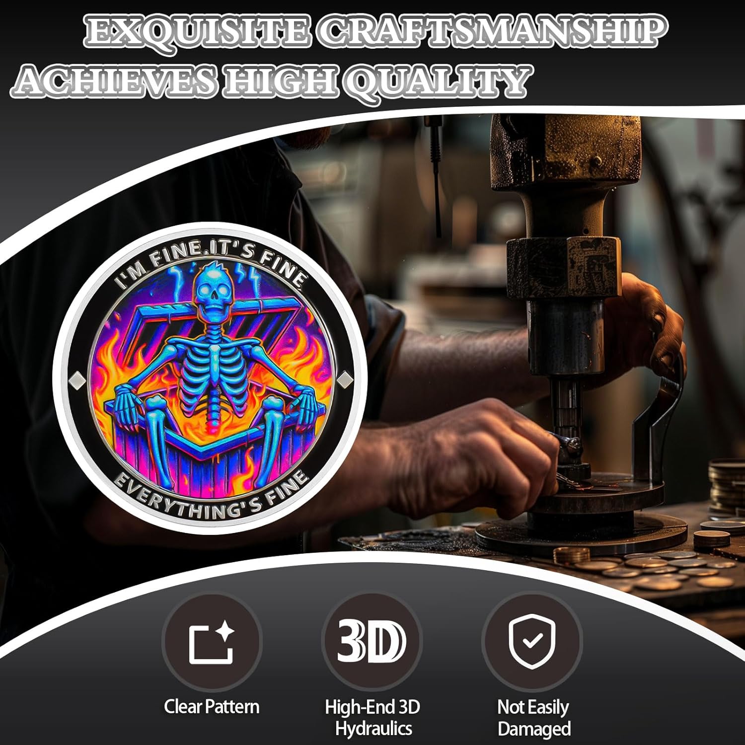 10Pcs Purple Flame Skeleton Dumpster Fire Coin, I'm FINE Dumpster Fire Challenge Coin - Funny Office Desk Accessories - Novelty Coins Pocket Token - Inspirational Office Gifts for Men Women