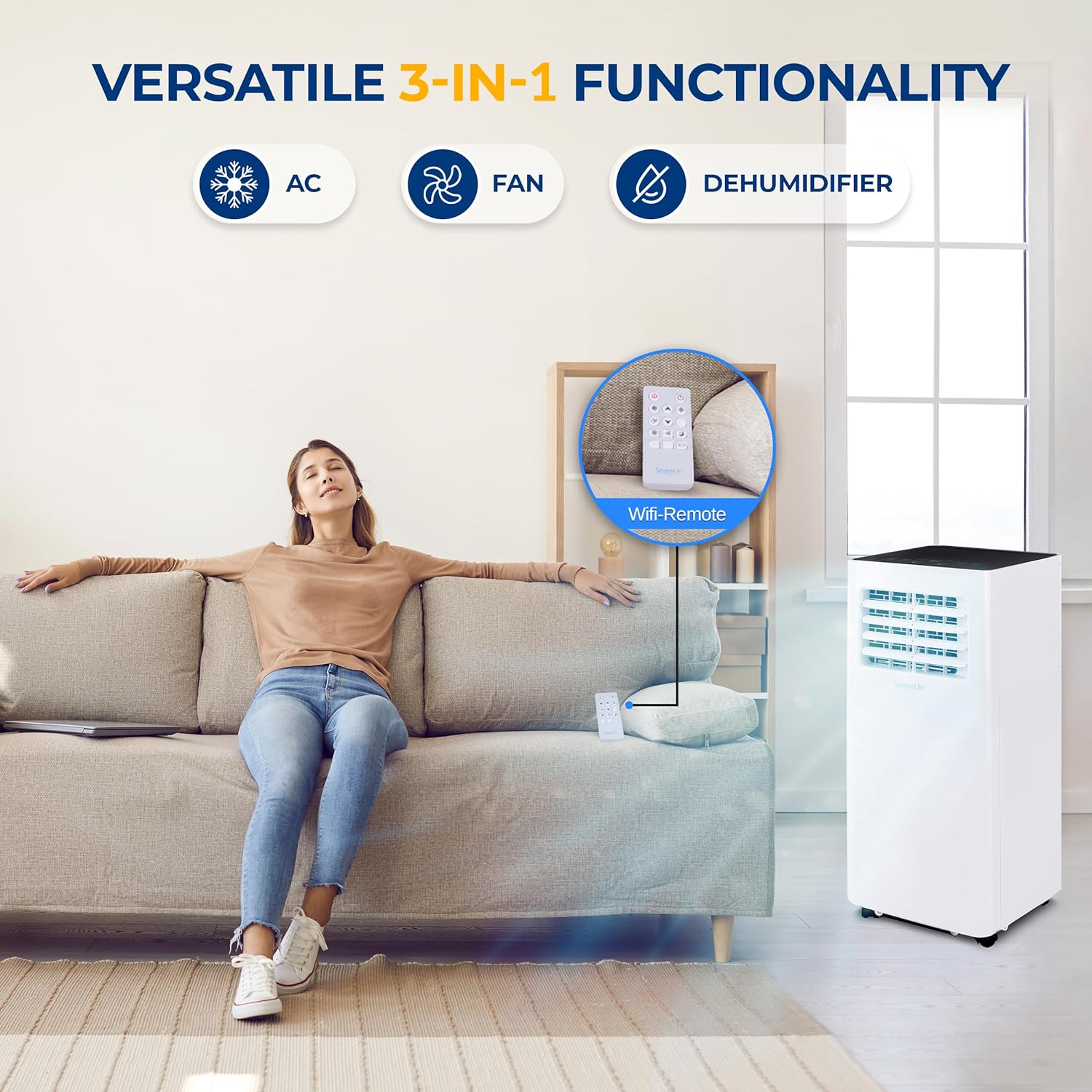 SereneLife Small Air Conditioner Portable 10,000 BTU with Built-in Dehumidifier - Portable AC unit for rooms up to 450 sq ft - WiFi app + Remote Control, Window Mount Exhaust Kit