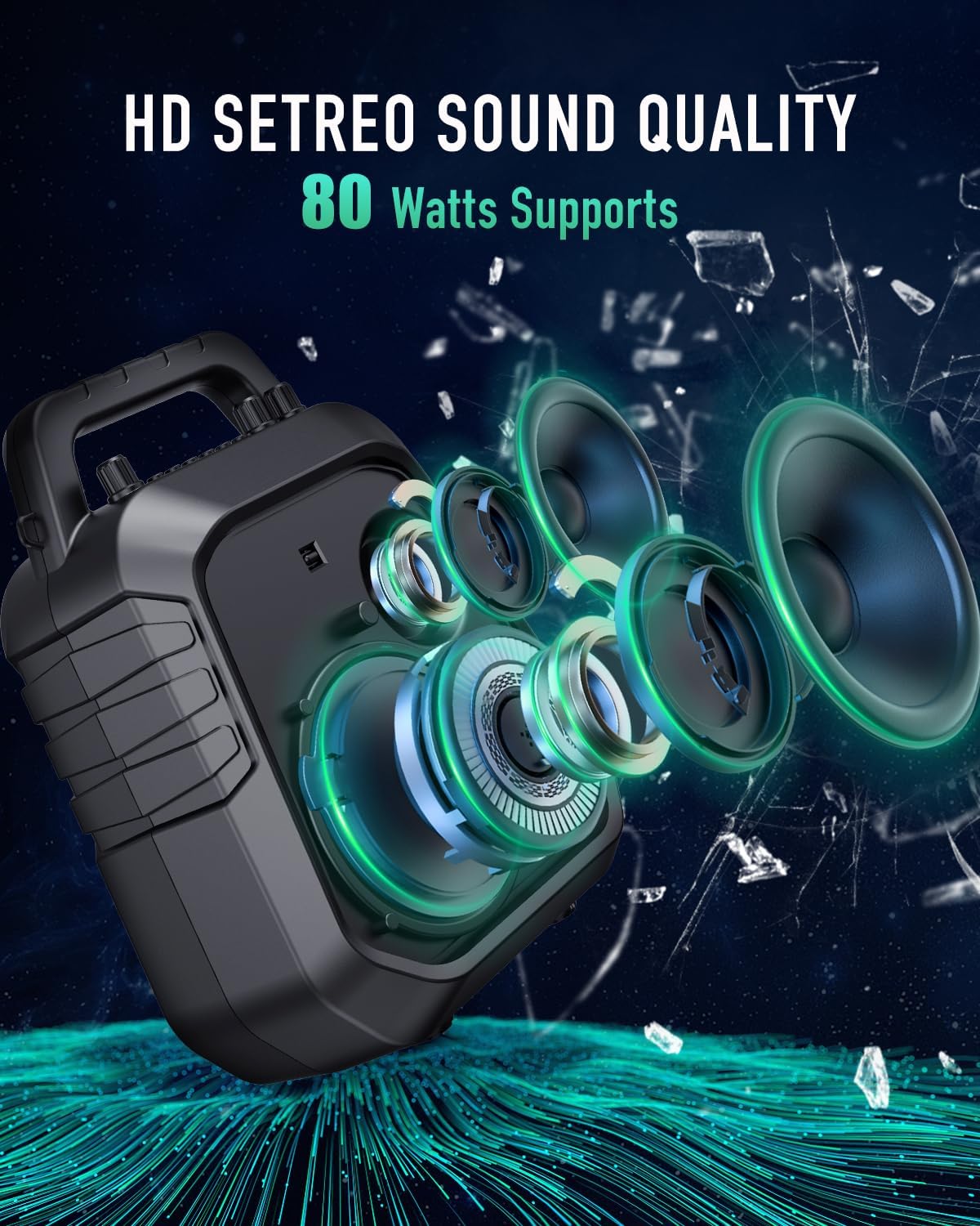 SHIDU 80W Powerful Voice Amplifier with 2 Wireless Microphones, Portable Speaker with Microphone, PA System with Sound Effects, Karaoke Machine Support BT/USB/TF Card/Aux/Guitar