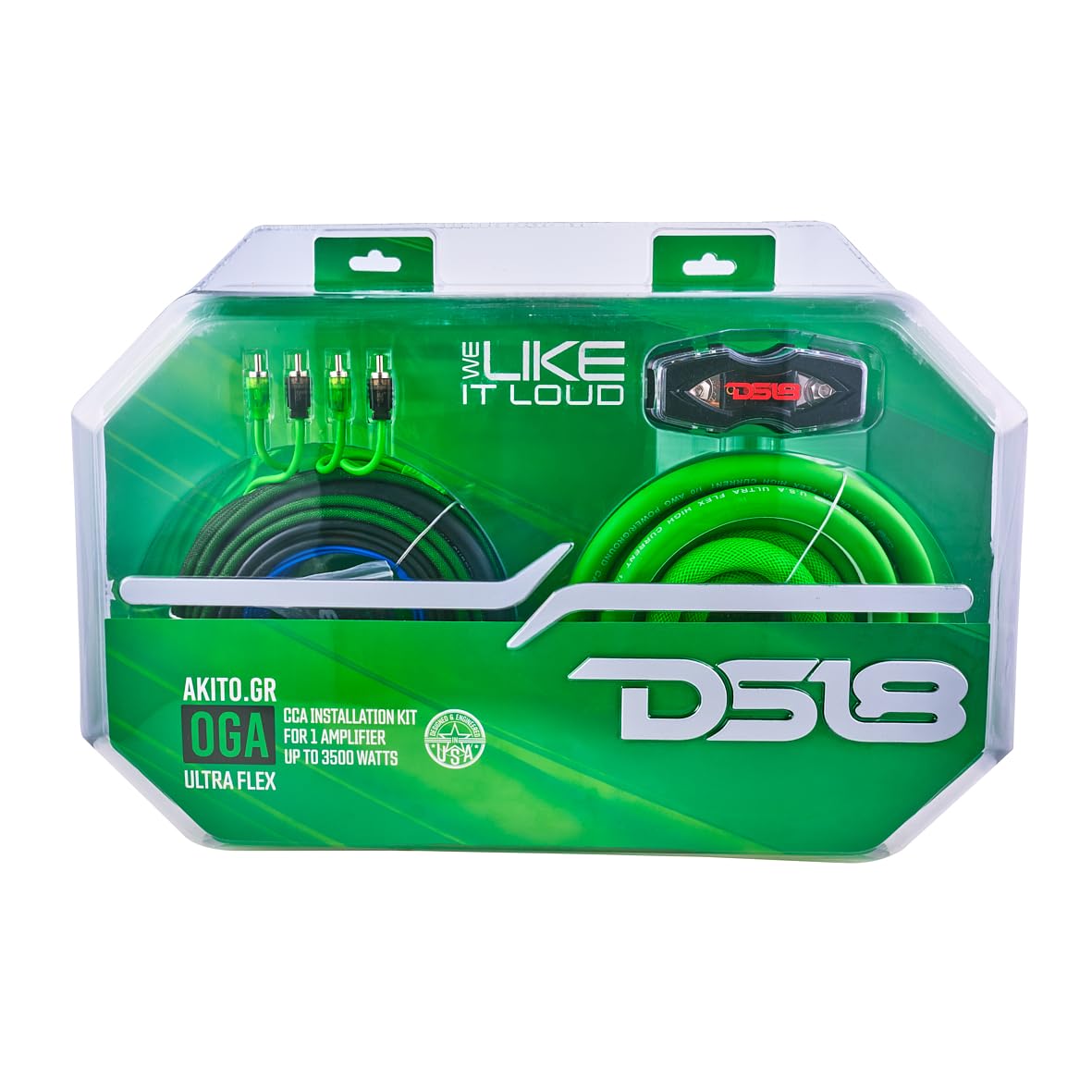 DS18 AKIT0.GR 0-GA Amplifier Installation Wiring Kit with Fuse Holder 250A, Up to 3500 Watts RMS, Ultra Flex Wire, Amp Wire Kit, Amp Wiring Kit 0 Gauge - Green
