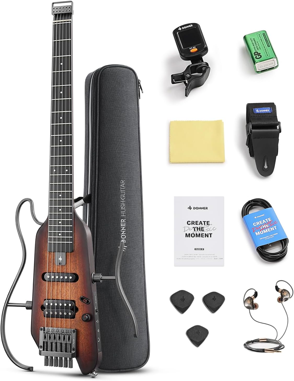 Donner HUSH X Electric Guitar Kit - Featherlight Headless Guitar, Great for Travel and Practice, Mahogany Solid Body with Easy Assemble Stands, Gig Bag, All Accessories, Sunburst