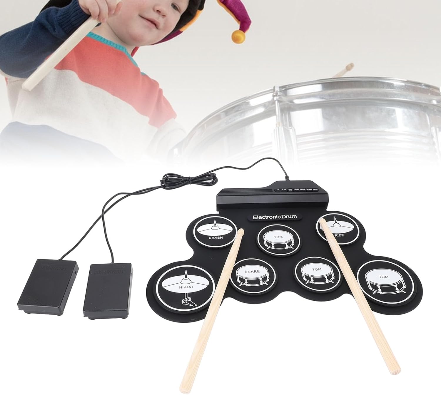 Portable Drum Pad Machine with Pedal Controlled Cymbals, a USB Electronic Drum Pad with Dual Output for Headphones and Speakers for Hand Foot Coordination