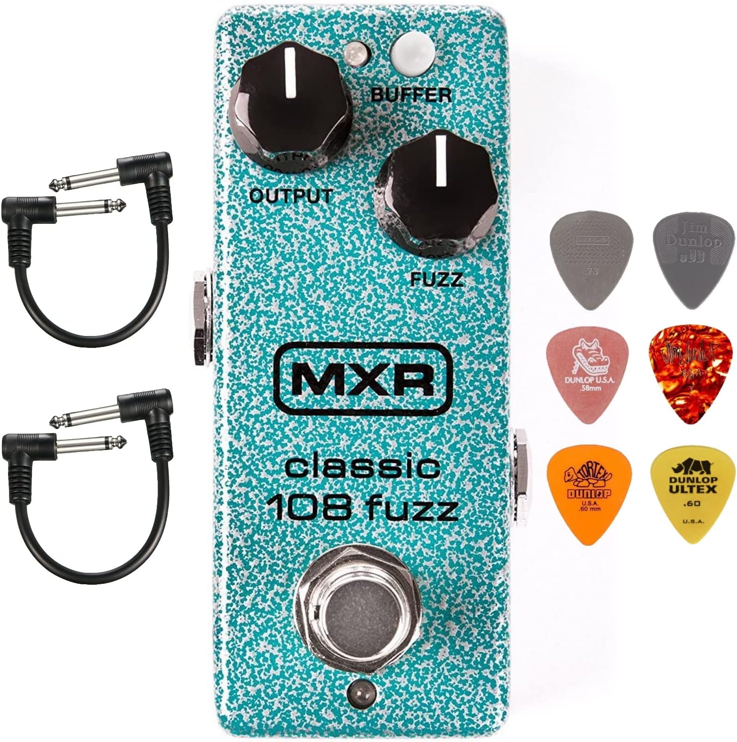 MXR M296 Classic 108 Fuzz Mini Effects Pedal Bundle with 2 Patch Cables and 6 Dunlop Picks