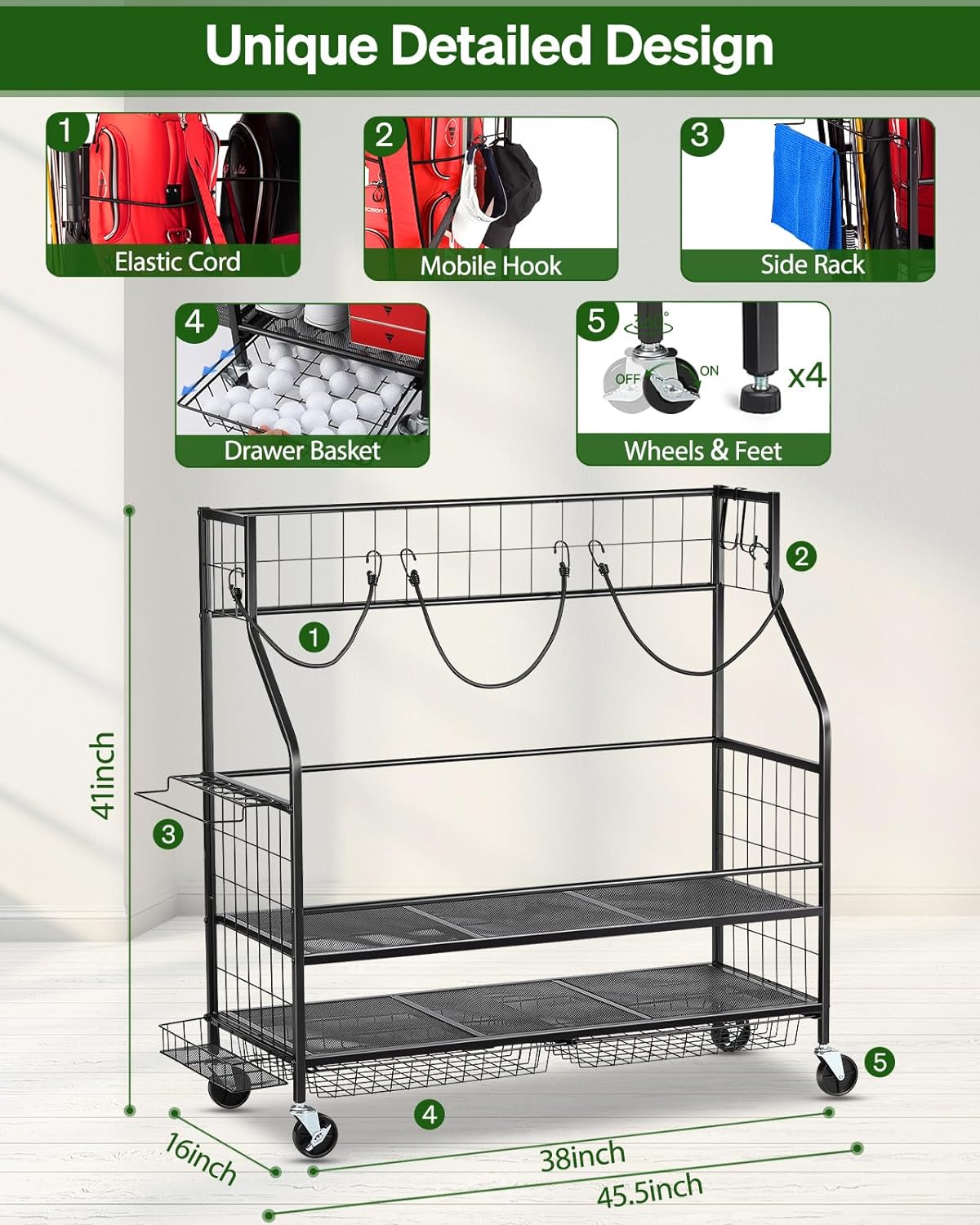 Golf Bag Storage Garage Organizer- Golf Bag Stand Fit for Golf Bags, Golf Clubs, Golf Balls, Golf Equipment Accessories, Golf Bag Storage Rack with Wheels for Garage