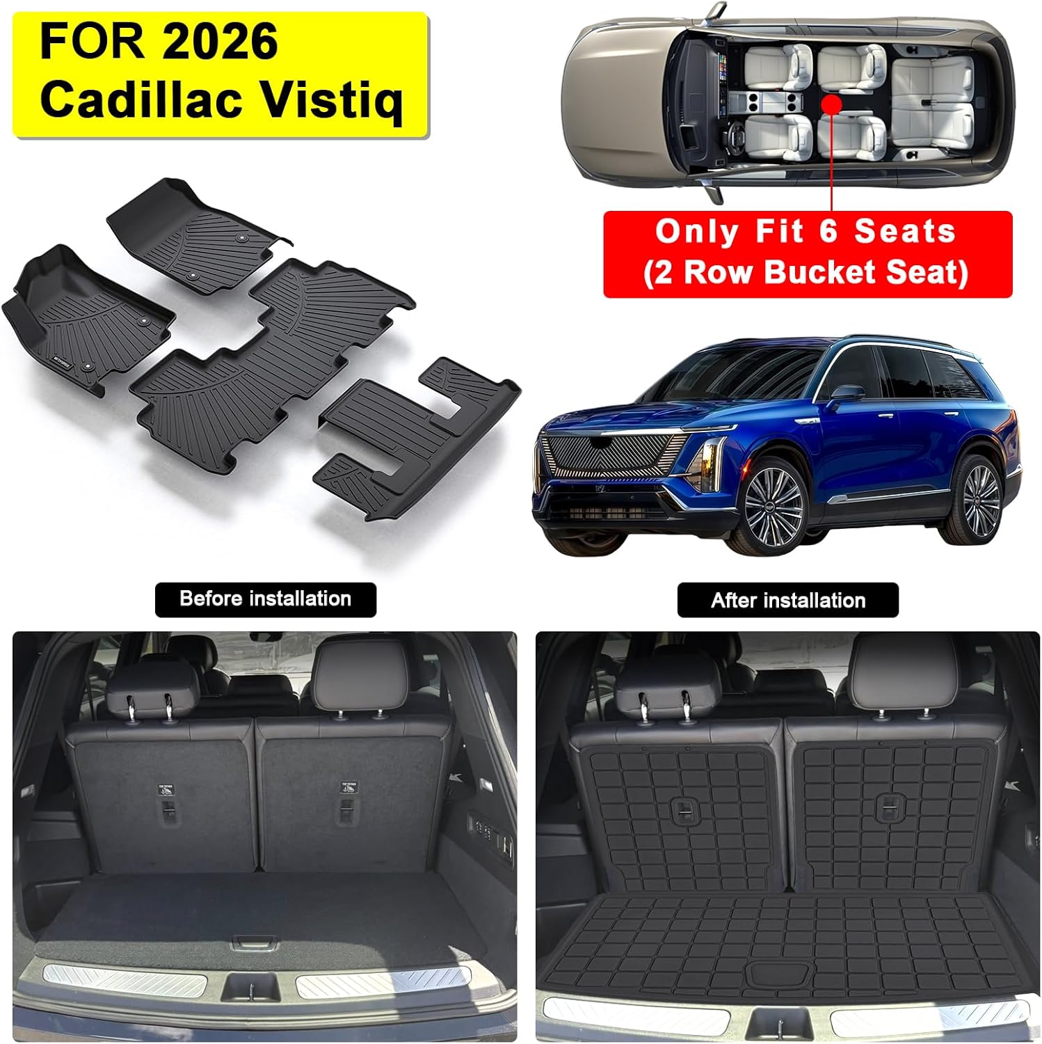 Floor Mats for Cadillac Vistiq EV (Only Fit 6 seat) with Cargo Mat & Backrest Mat, TPE All Weather Protection Full Set Car Liners Accessories 2nd & 3rd Row Covering The Backrest Mat