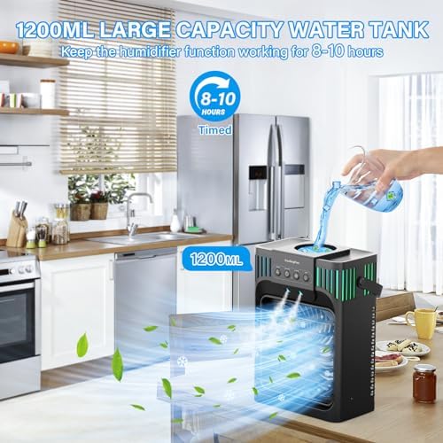 Portable Air Conditioners,4-in-1 Evaporative Air Cooler with 3 Speeds, 3 Modes & 7 LED Light Cooling Fan with Remote, 2-8H Timer, 1200ML Personal Mini Air Conditioner for Bedroom and Office