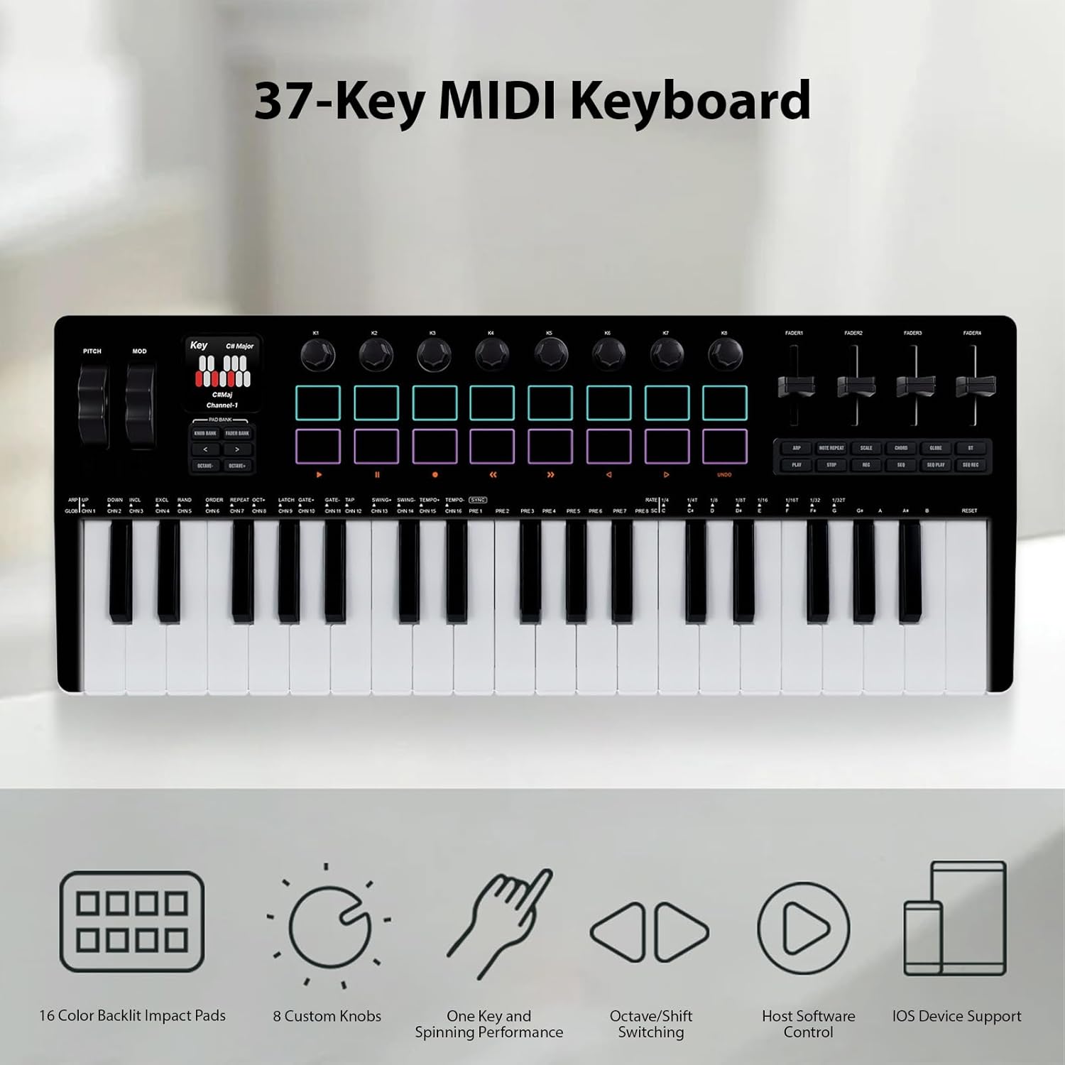 Alomejor Keyboard Piano, 37 Key USB MIDI Keyboard Controller, 16 RGB Backlit Drum Pads 8 Knobs 4 Faders Built in Sound Source Synthesizer Engine