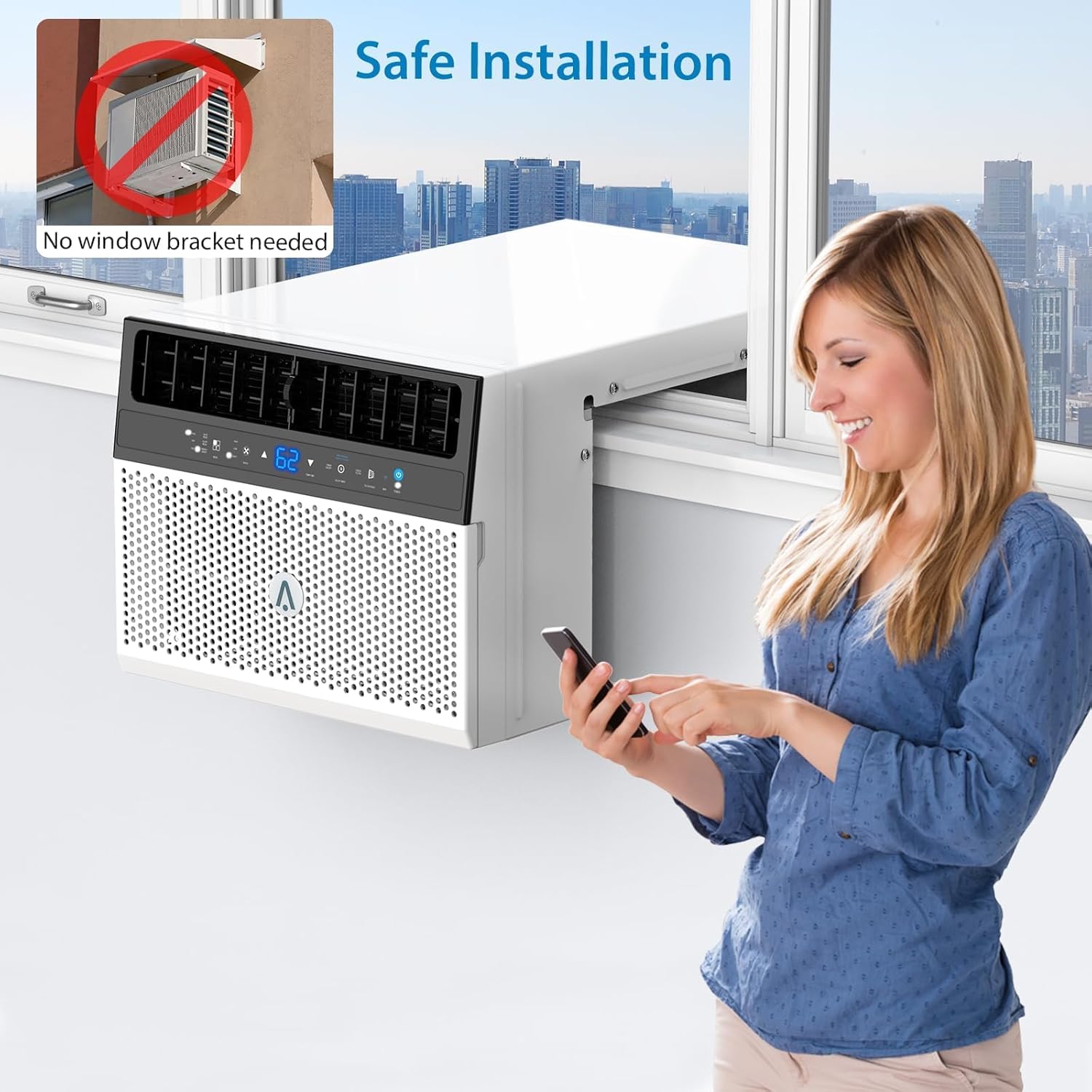 8,000 BTU Window Air Conditioner - Air Conditioner Window Unit with Remote,U-Shaped Mini Air Conditioner,3 in 1,115V & 40dB,WiFi-Enabled,for Bedroom,Office,Home,White