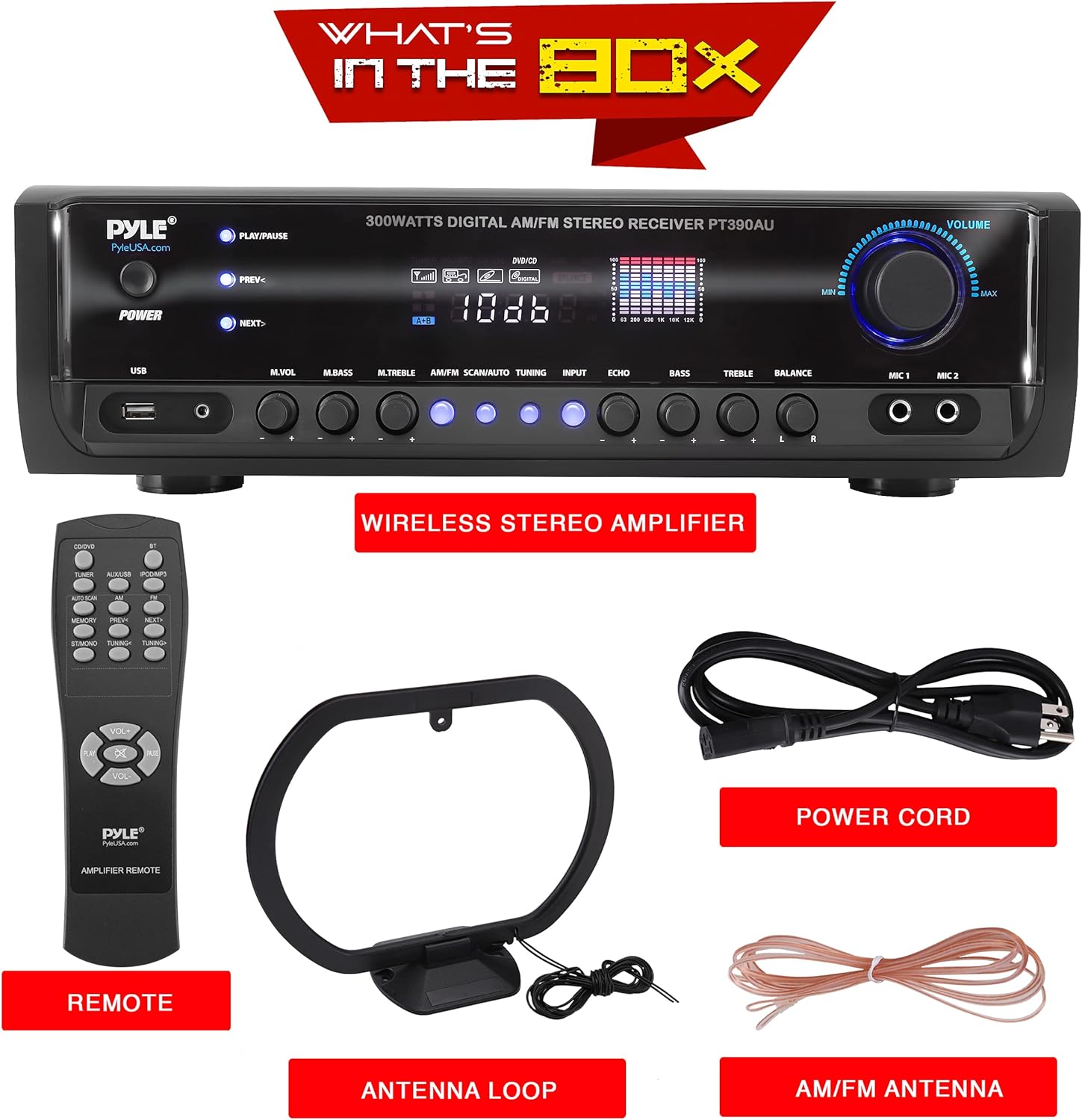 Pyle Home Audio Power Amplifier System - 300W 4 Channel Theater Power Stereo Sound Receiver Box Entertainment w/USB, RCA, AUX, Mic w/Echo, LED, Remote - for Speaker, iPhone, PA, Studio - PT390AU.5