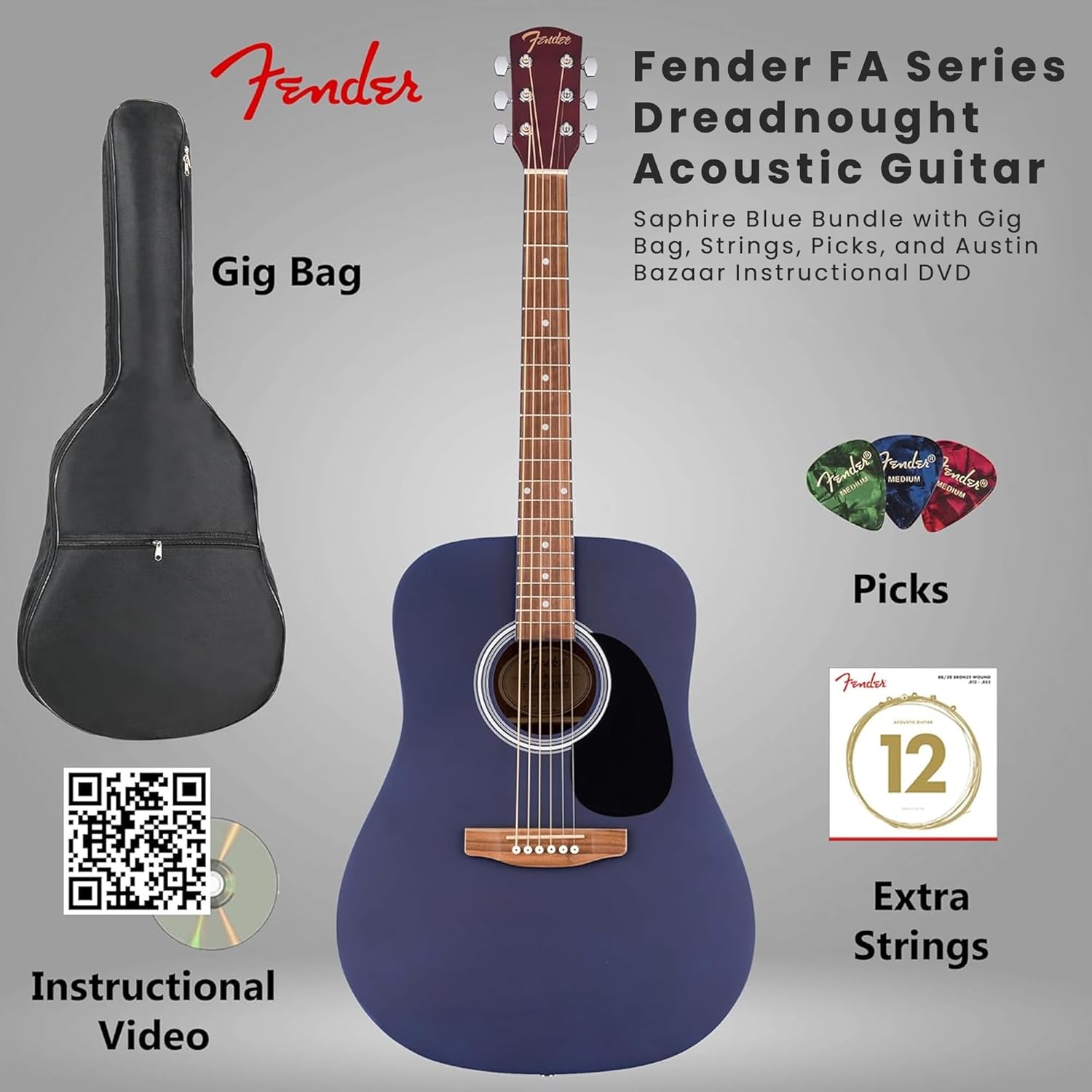 Fender FA Series Dreadnought Acoustic Guitar - Saphire Blue Bundle with Gig Bag, Strings, Picks, and Austin Bazaar Instructional DVD