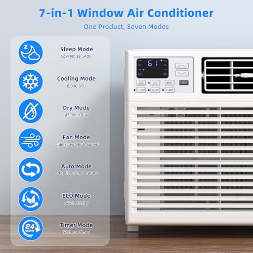 Antarctic Star 8,000 BTU Small Window Air Conditioner AC Unit Cools up to 350 Sq.Ft. with 7 Modes, Ultra-quiet Air Conditioner Window Unit with Remote Control, Easy to Install, Energy Saving, White