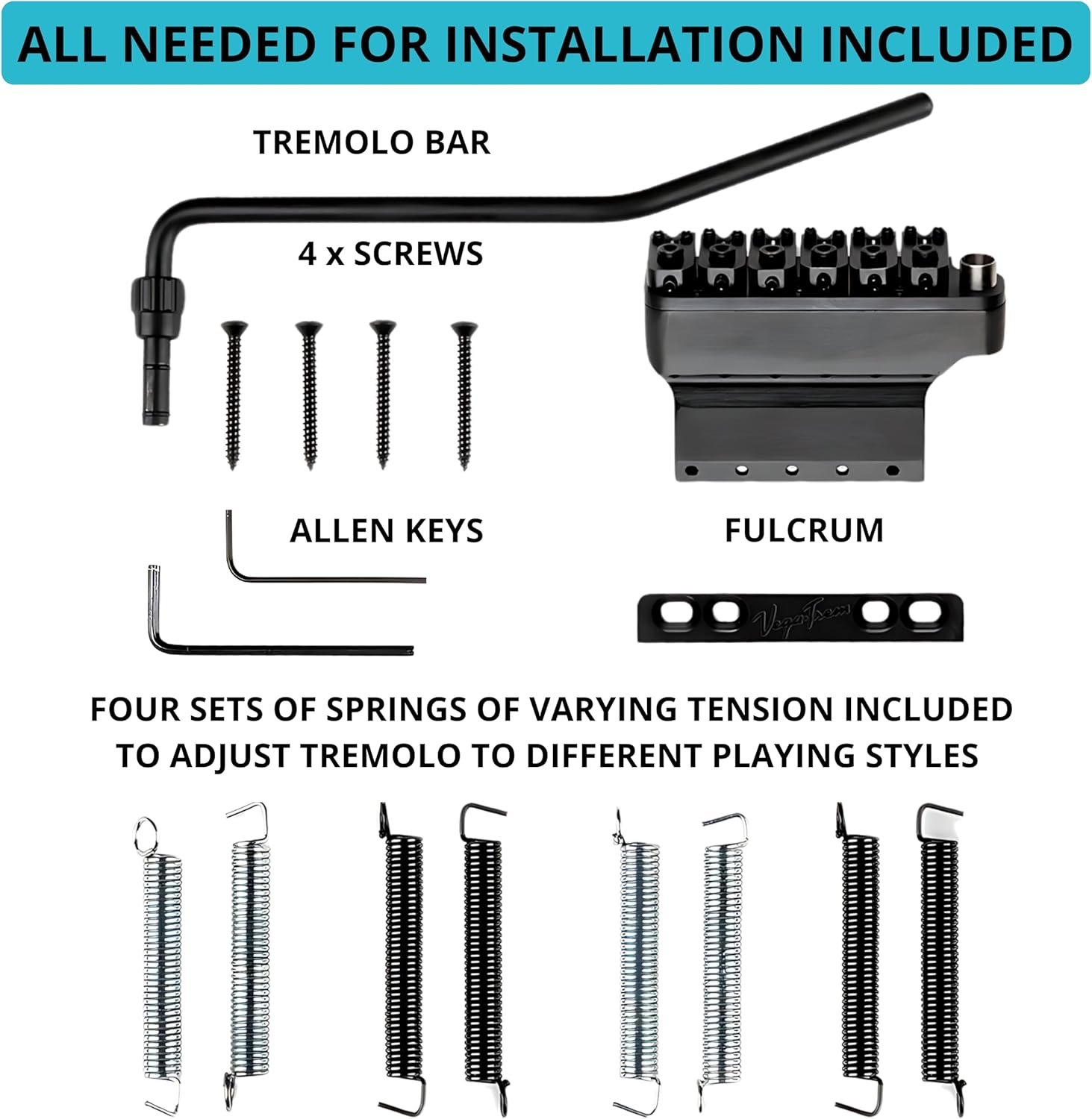 Vega-Trem VT1 Standard 6-Screw Black Stratocaster Guitar Tremolo and Vega-Trem VT2ND Teletrem Classic Telecaster Guitar Tremolo bundle - Bridge For Strat Bridge For Tele with logo