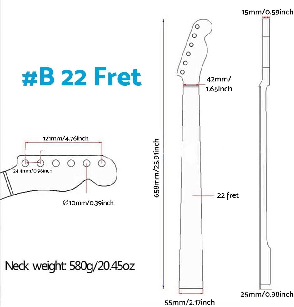 ALINREDBX 22 Frets Electric Guitar Neck Replacement Parts Maple Suitable for ST Electric Guitar