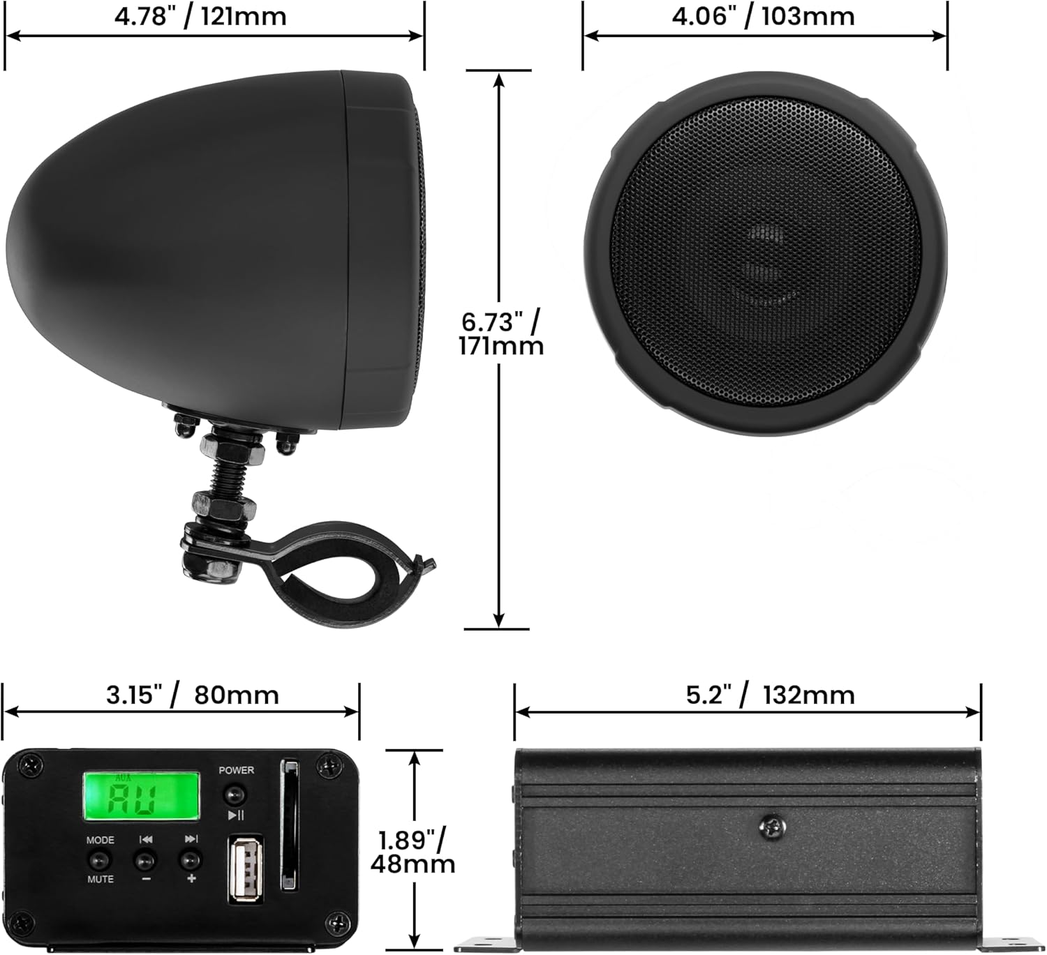 BOSS Audio Systems MCBK520B Motorcycle 3 Inch Stereo Speakers and Amplifier Audio Sound System - Bluetooth 2 Channel Amplifier, Weatherproof, FM Tuner, USB, SD, Auxiliary In, ATV UTV Compatible