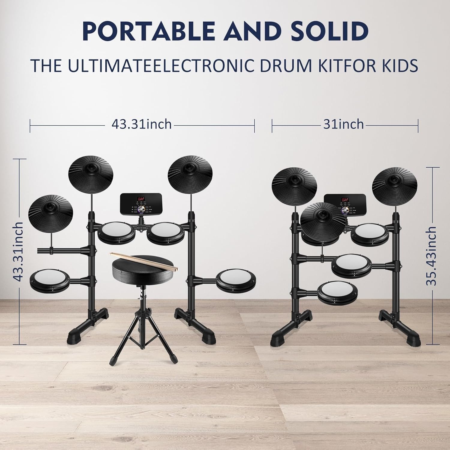 Electronic Drum Set,Electronic Drum for Beginner Set with Type-C Charging,support USB MIDI Bluetooth,with 4 Quiet Mesh Pads 2 Pedals, Drum Stool, Sticks, Headphones and Melodics Lessons