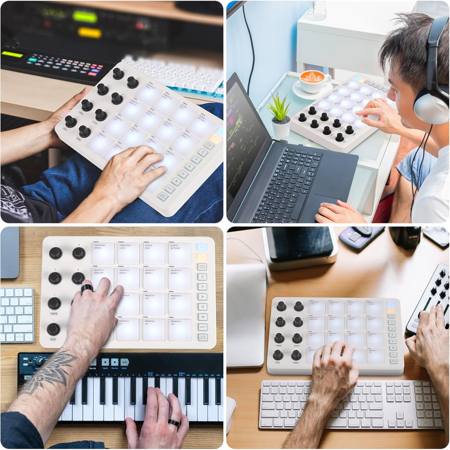 Wireless MIDI Controller Pads, Bluetooth Portable USB MIDI Controller with 16 Drum Pads, 8 Assignable Knobs, Note Repeat, Full Level Buttons, Rechargeable battery (White Pad)