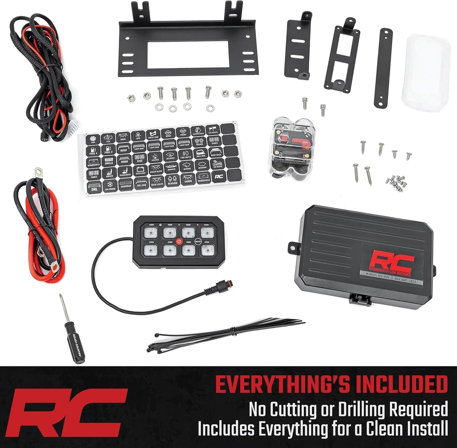 Rough Country 8-Gang Bluetooth RGB Backlit Switch Panel & Relay System - Universal Light & Off-Road Accessory Controller for Truck, Jeeps, UTV, 60A