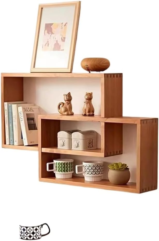 Storage Shelves Wall-Mounted Floating Shelves, Wood Floating Shelves Pack of 2 Wall Mounted Cube Rectangle Interlocking 80x14x48cm