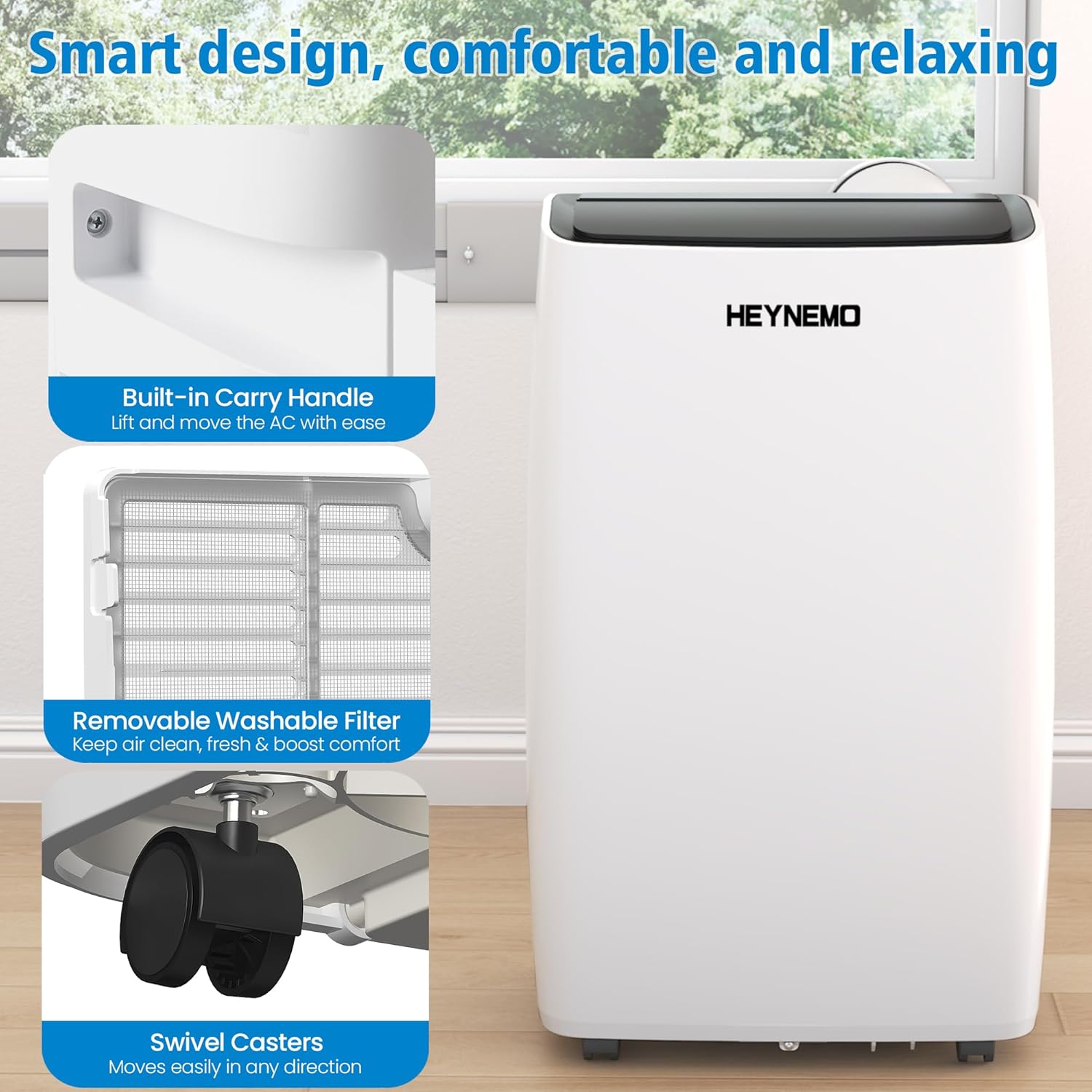 Heynemo 14,000 BTU 3-in-1 Portable Air Conditioner with Heat, Dehumidifier & Fan, Smart WiFi Control, Quiet AC for Bedroom, Office, Living Room, Easy Install, White