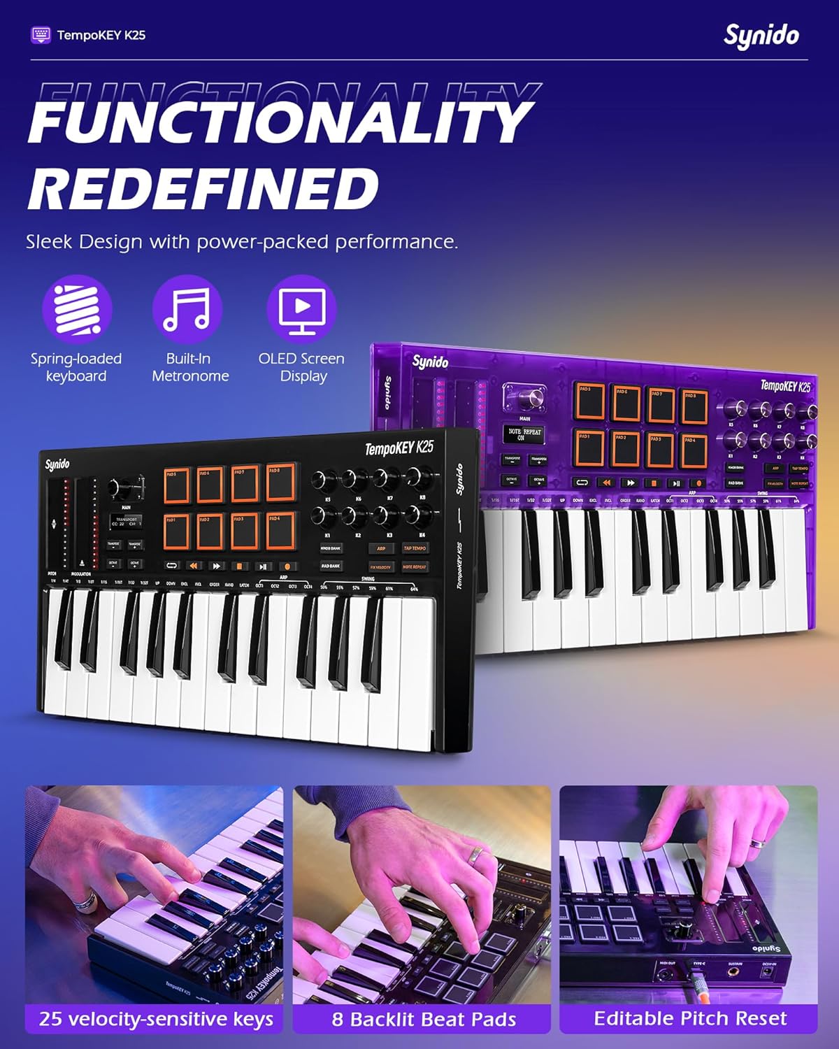 Synido 25 Key USB MIDI Keyboard Controller with Drum Pads and Live Solo USB C Audio Interface for Recording Music, Streaming, Podcasting