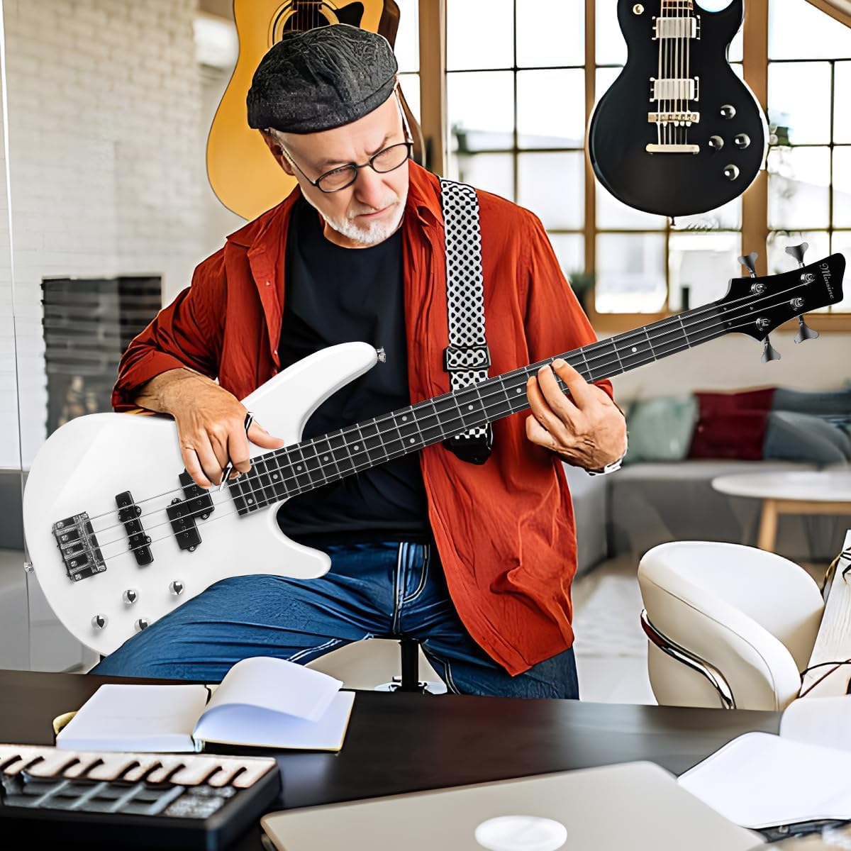 Electric Bass Guitar 4 Strings Full-Size Standard Bass PB-Style Beginner Kit Black for Starter with Gig Bag Guitar Strap and Guitar Cable (IB-white)