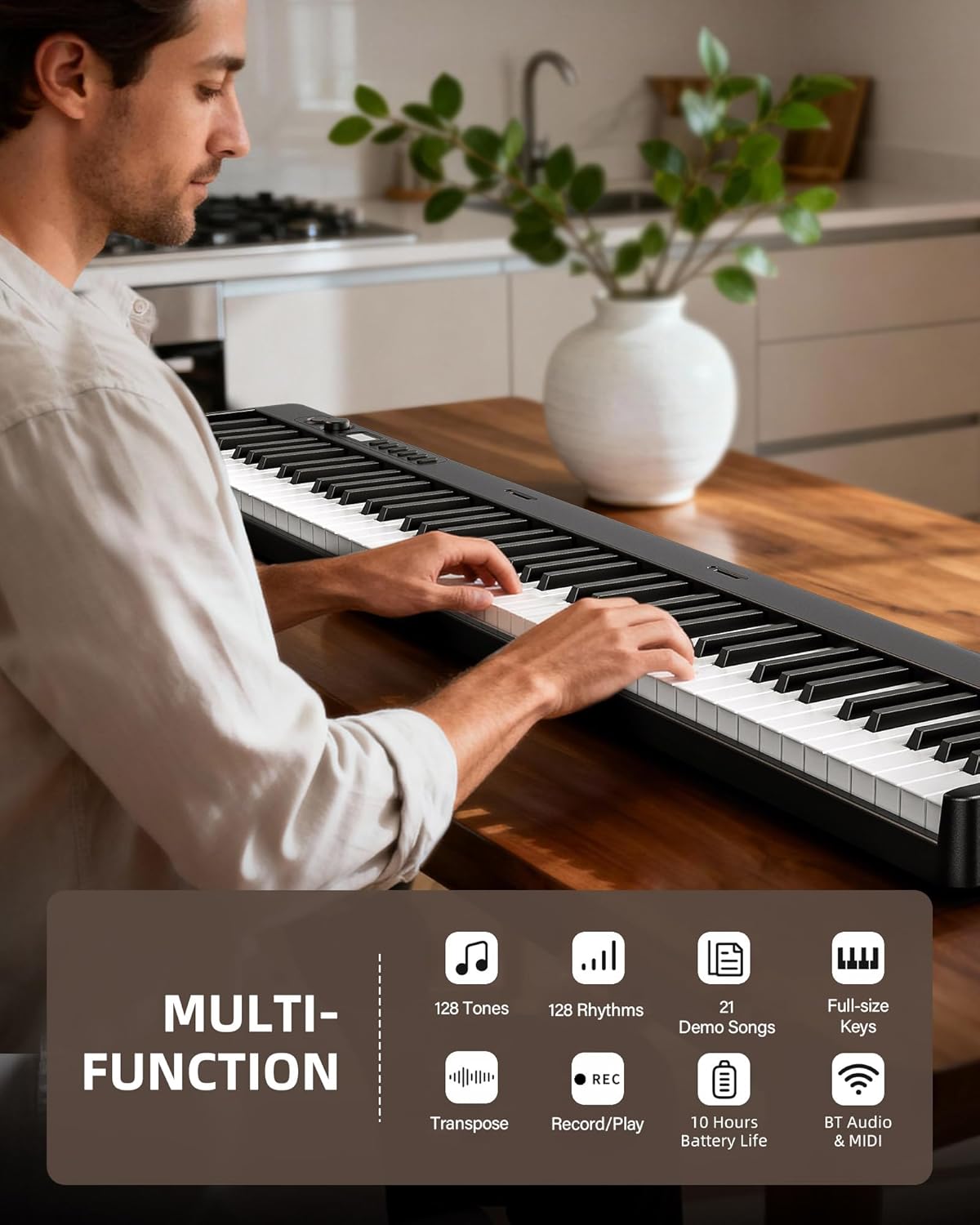 LEKATO Portable 88 Keys Electric Piano Keyboard, Foldable Digital Piano with Full Size Semi-Weighted Velocity Keys, Wood Grain, Learning Mode, LCD Screen, Bluetooth USB Midi, for Beginners Home Travel