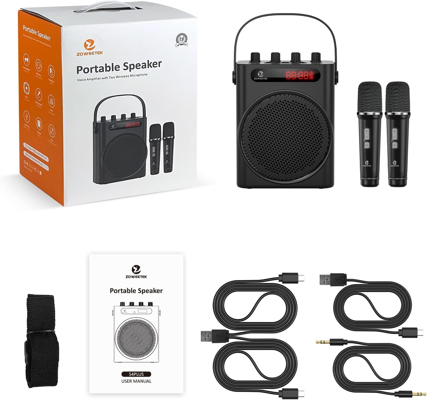 ZOWEETEK 60W Voice Amplifier with 2 Wireless Microphones,Portable Wireless Speaker with Microphone, Karaoke Machine,Portable Megaphone PA System,Wireless Voice Amplifier,Support TF Card,USB,Guitar,Aux