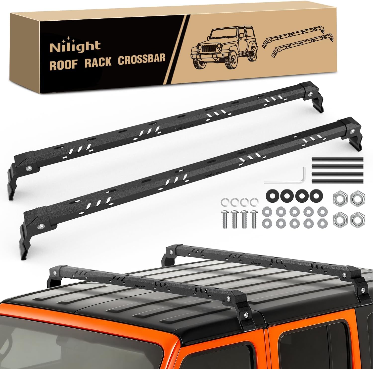 Nilight 420LBS Roof Rack Cross Bars Compatible with Jeep Wrangler JK JKU 2007-2018 JL JLU 2018-2025 Gladiator JT 2020-2025 Hardtop Models, Adjustable Iron Crossbars for Cargo Carrier Luggage Box Tent