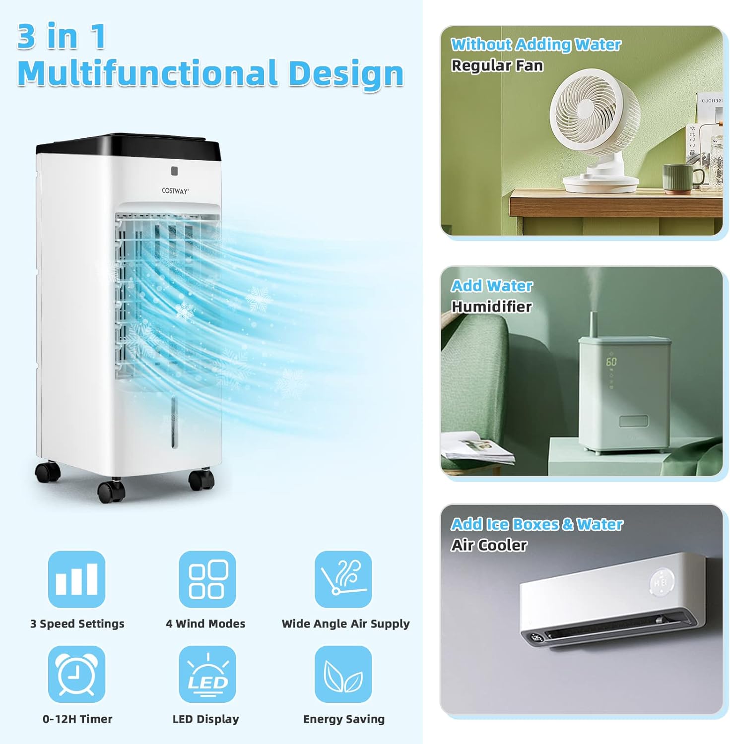 COSTWAY Evaporative Air Cooler, 3-in-1 Portable Quiet Swamp Cooler and Humidifier with Remote, 4 Modes, 70° Oscillation, 12H Timer, Water Tank Lock, Evaporative Cooler for Bedroom Home Office Dorms