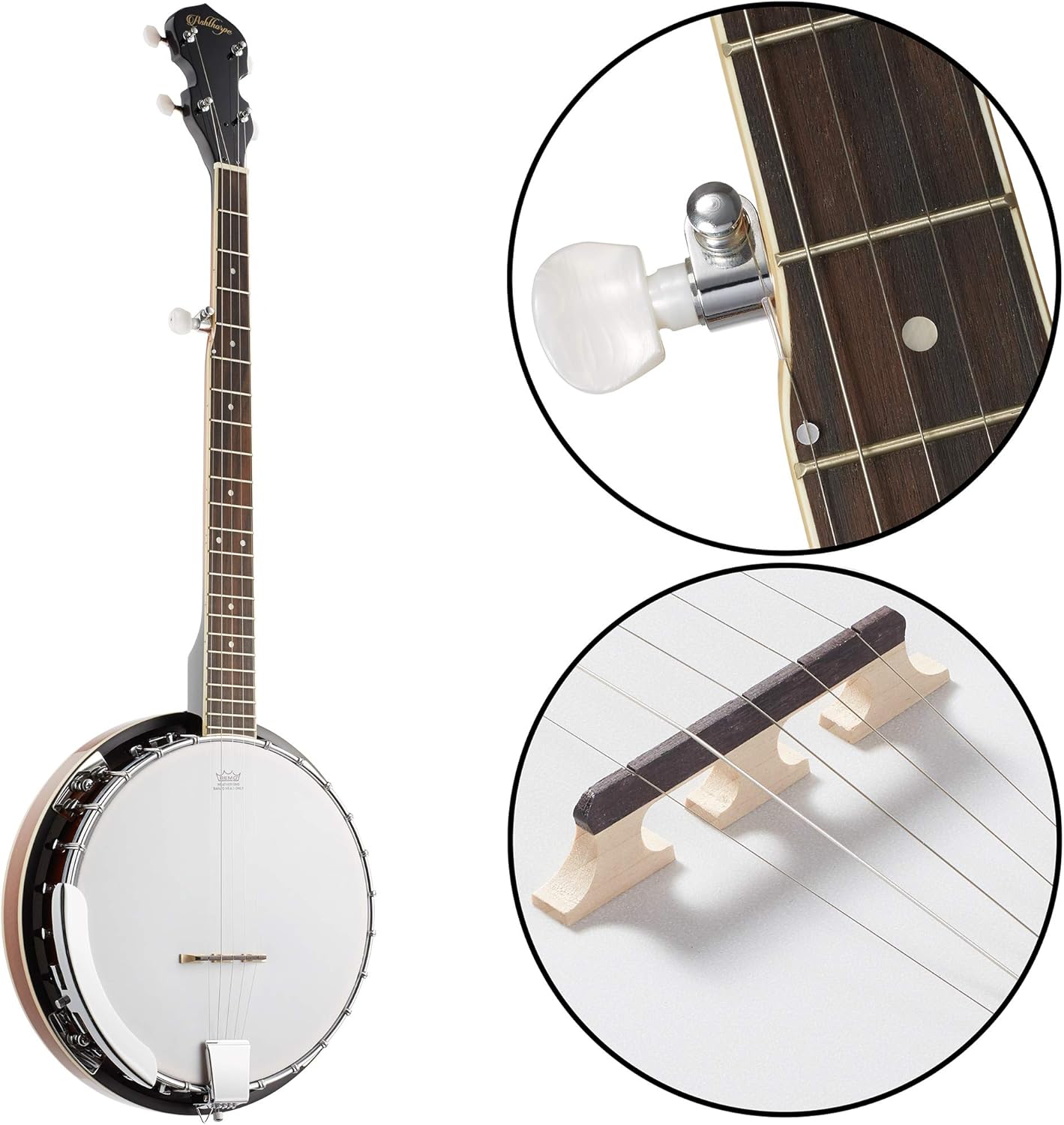 Ashthorpe 5-String Banjo - Full Size with 24 Brackets, Closed Back, Mahogany Resonator, Geared 5th Tuner, Padded Gig Bag