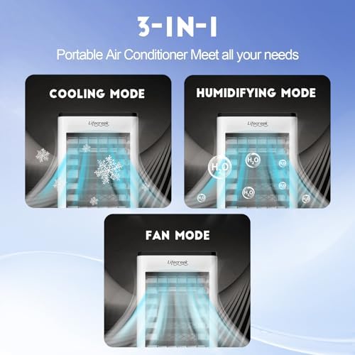 Portable Air Conditioner, 3-IN-1 Evaporative Air Cooler w/3.18Gal Tank, 4 Modes & 3 Speeds, 12H Timer, 6 Ice Packs, Remote Control, Windowless Swamp Cooler for Bedroom,Home,No Hose Needed