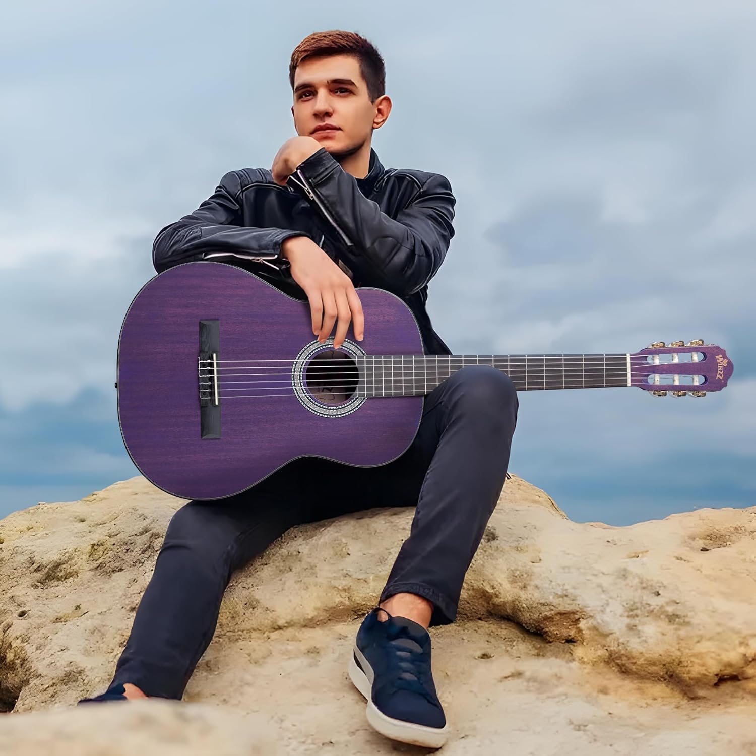 WINZZ 4/4 Classical Guitar, 39 Inch Full Size Nylon String Guitar for Beginner Adults, Full Classic Guitar Kit with Free Lessons, Gig Bag, Footstool, Capo, Tuner, Hanger and Strap (Glossy Purple)