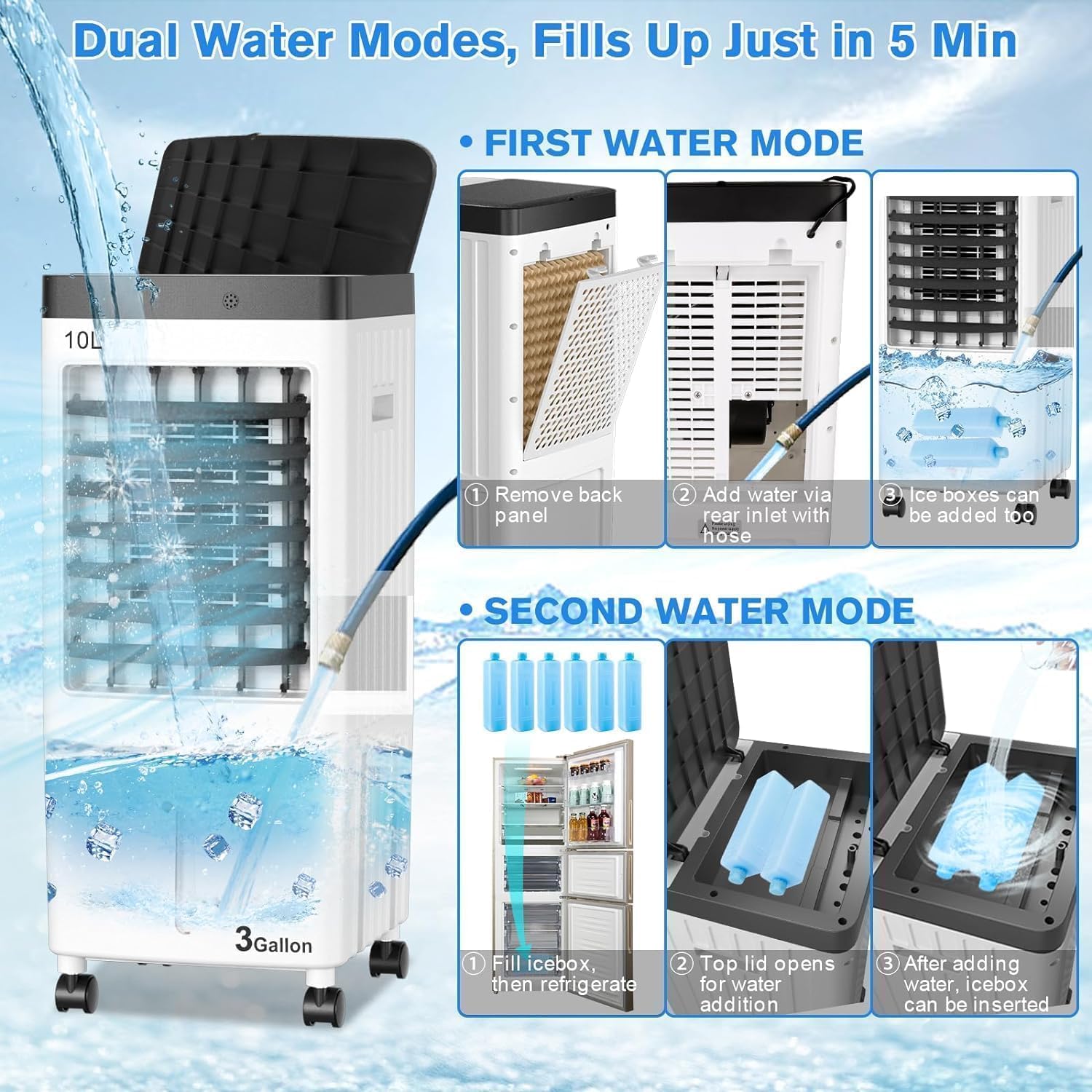 Swamp Cooler, Evaporative Air Cooler with 6 Ice Packs, Swamp Cooler Air Conditioner with 3 Gal Water Tank, 3 Speeds, 80° Oscillation, Portable Air Conditioners Alternative for Room Home Office（White)