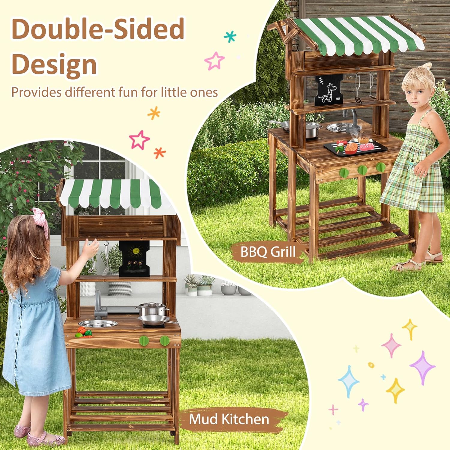 Costzon Mud Kitchen, Double-Sided Outdoor Play Kitchen & Barbecue Grill Playset with Canopy, Chalkboard, Sink & Faucet, Cooking Accessories, Gift for Boys & Girls 3+ (Double-Sided)