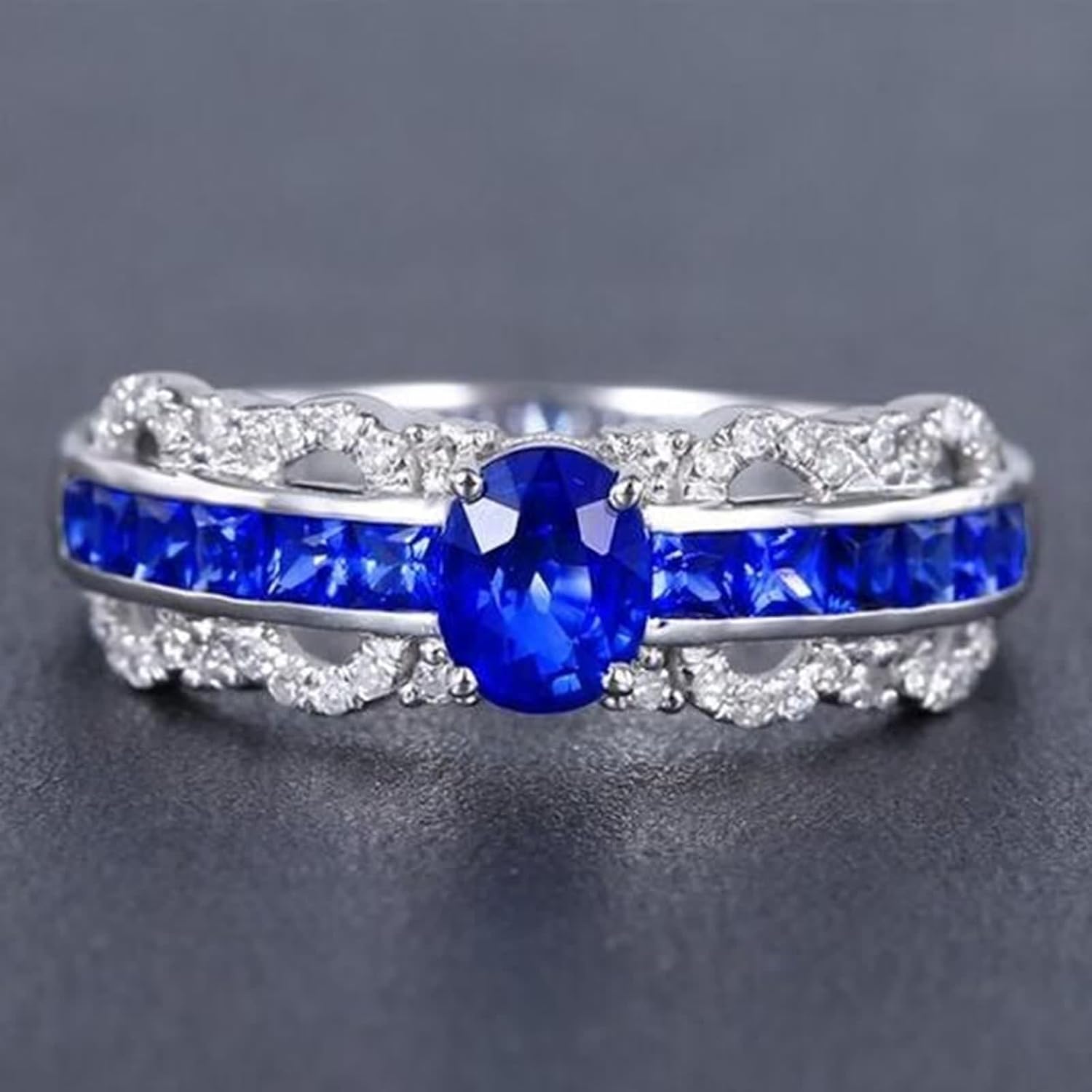 18K White Gold Ring for Women, Proposal Ring Lab Created Sapphire 4 Claws White Gold Band with Moissanite for Engagement Wedding