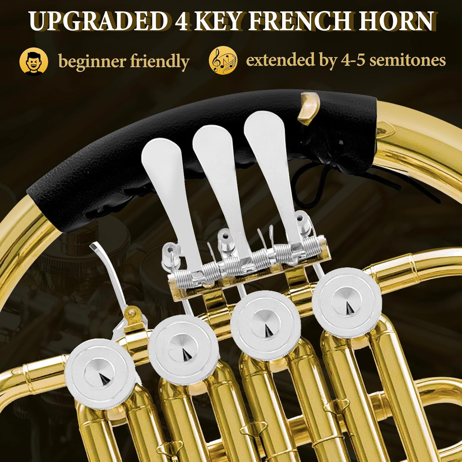 French Horn B Flat, 4 Key Gold Single French Horn Beginner Set for Students & School Bands‌ Brass Lacquer Craft Includes Musical Instrument Box Mouthpiece, Gloves, Cleaning Kit