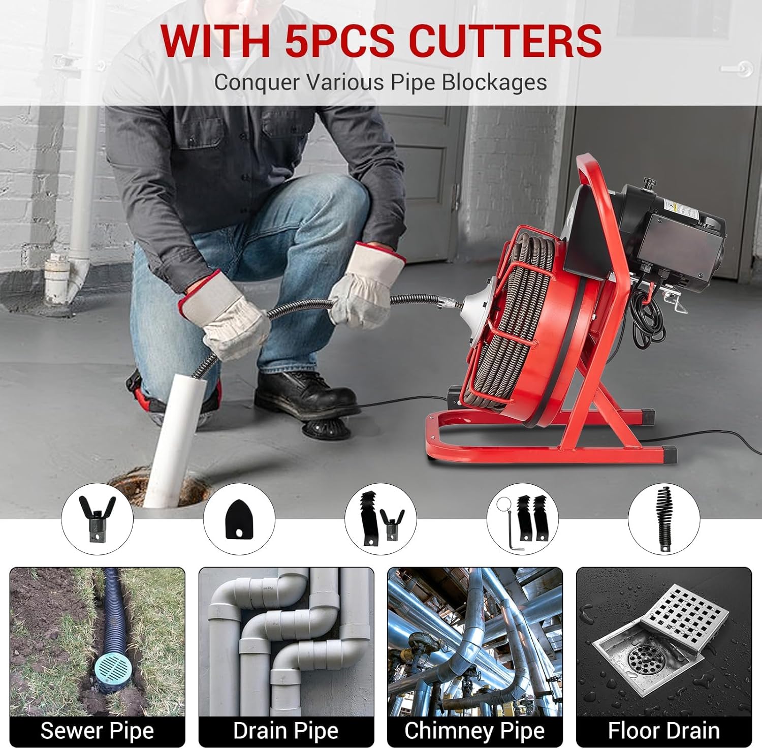 75FT 1/2 Inch Drain Cleaning Machine, Portable Electric Drain Auger with 6 Cutter & Air-Activated Foot Switch, Sewer Snake Drain Cleaner for 1