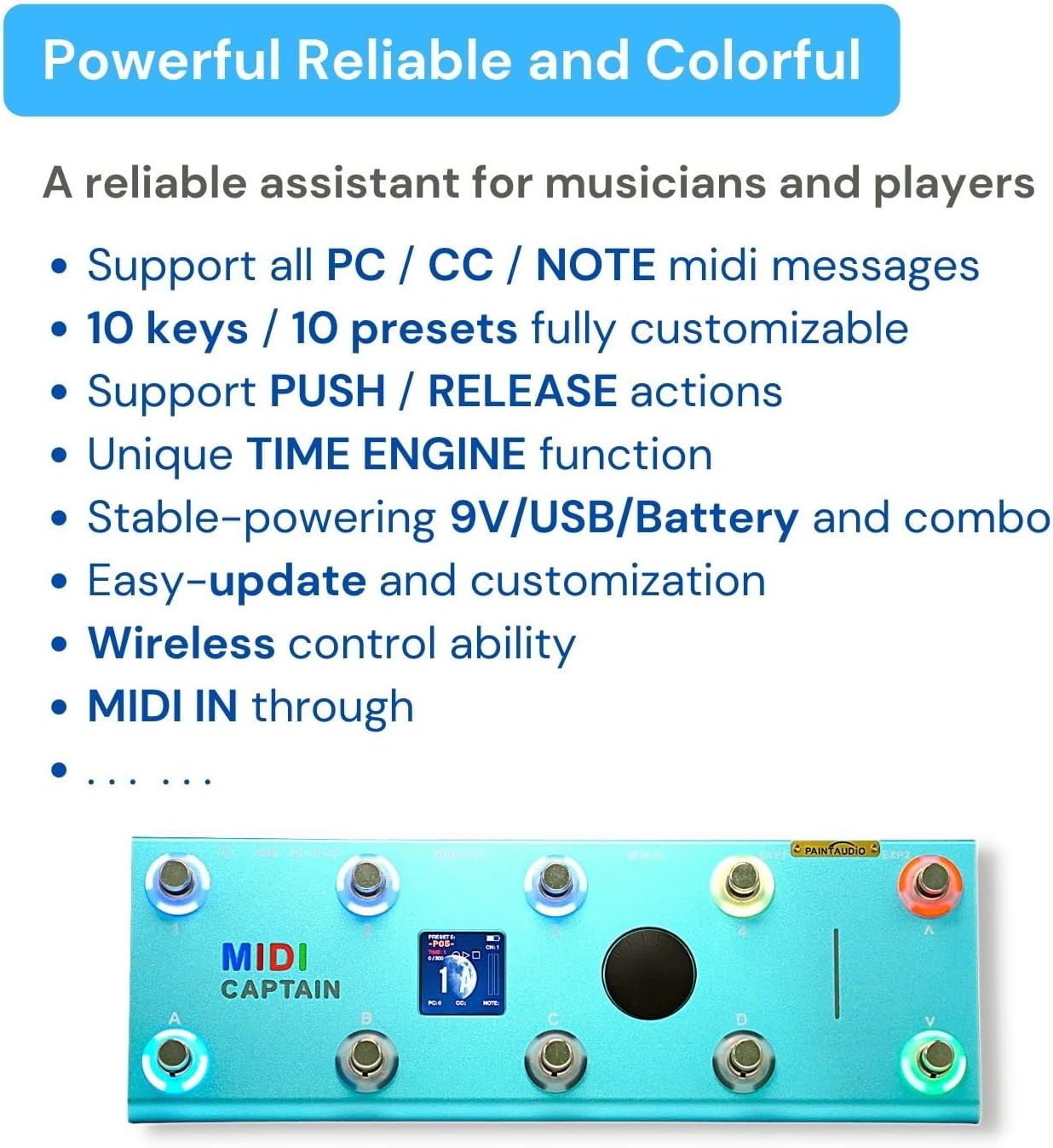 PaintAudio MIDI Captain Foot Controller Multi-Effects Keyboards Synthesizer USB-MIDI musical software Bias with Time Engine Function Support all PC/CC/Note commander 10 Foot Switches with 12 PCS Caps
