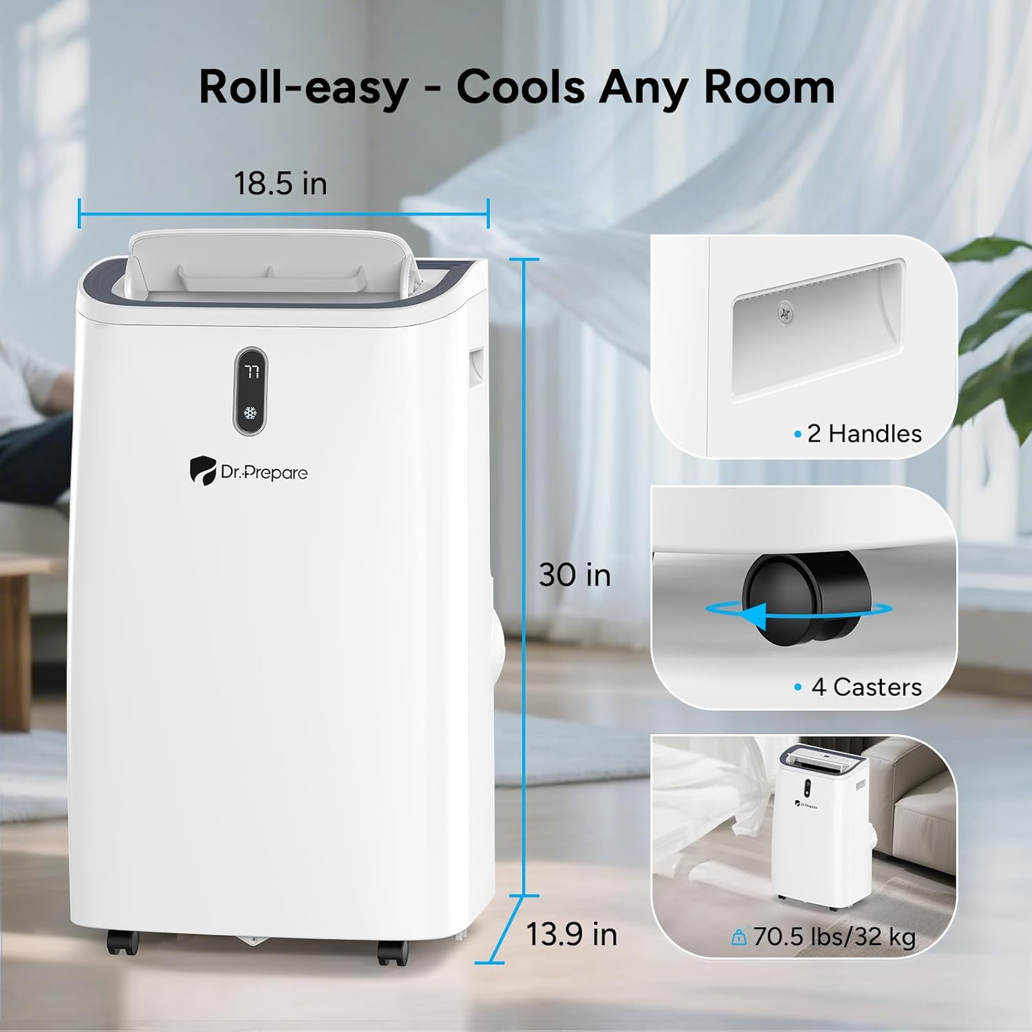 DR.PREPARE 14,000 BTU Portable Air Conditioner with WiFi, 4-in-1 Portable AC Unit with Remote Control, Fast Cooling, 24H Timers, Window kit, Cools Up to 700 sq. ft for Rooms, Bedroom