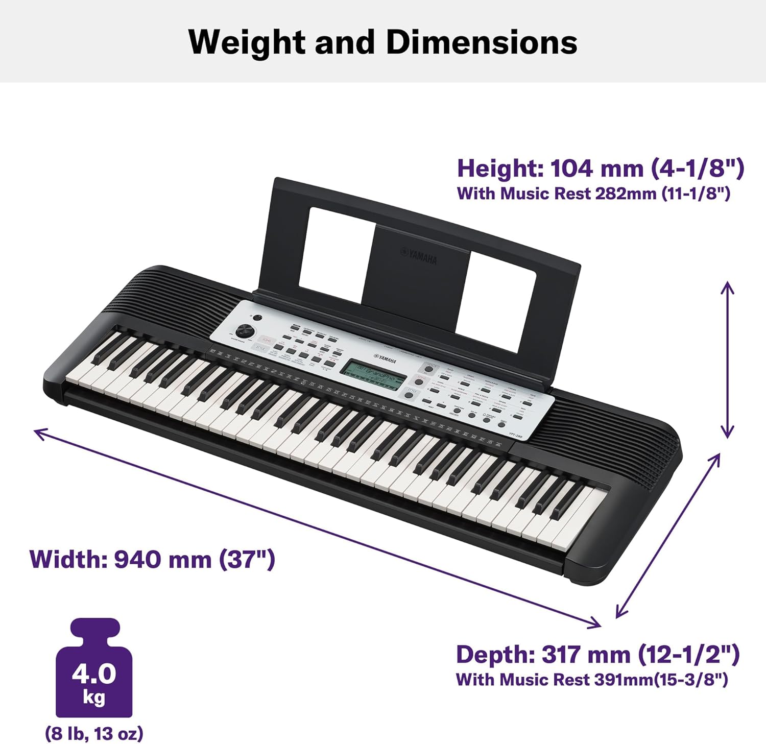 Yamaha 61-Key Portable Keyboard for Beginners with Built-In Songs, Quiz Mode, Music Rest, with Power Adapter YPT280