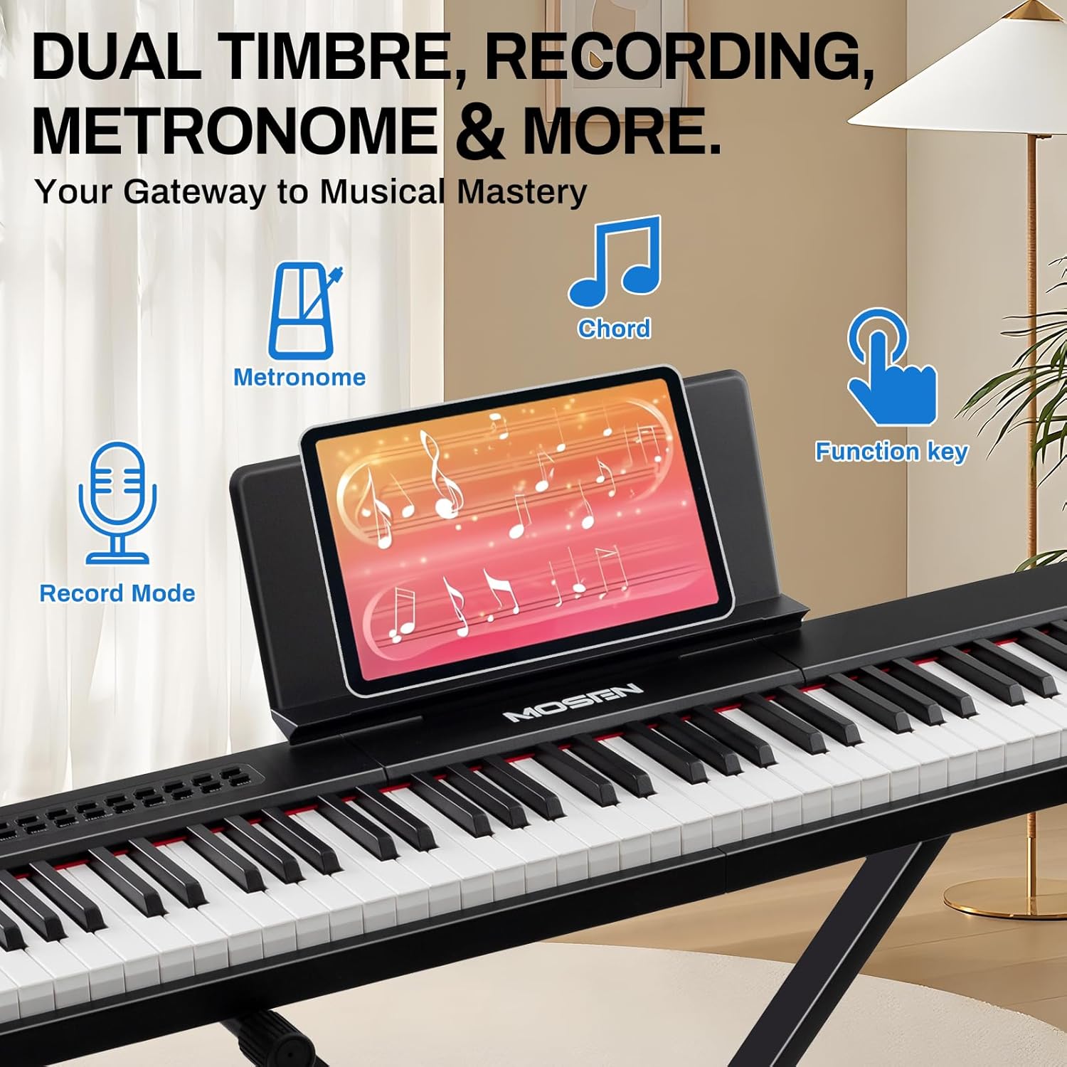 MOSEN 88-key digital piano keyboard with semi-weighted keys, double keyboard, LED display, 380 tones, 128 rhythms, 88 demo songs, Piano Lessons, keyboard stand and sustain pedal.(MSP-45BK)-Black