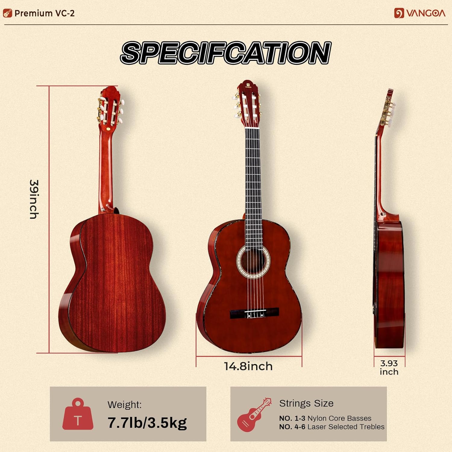 Classical Guitar Full Size 4/4 Spanish Style Classical Guitarra, 39 Inch Nylon Strings Guitar Ideal for Beginner Adults, Solid Rosewood Red, by Vangoa