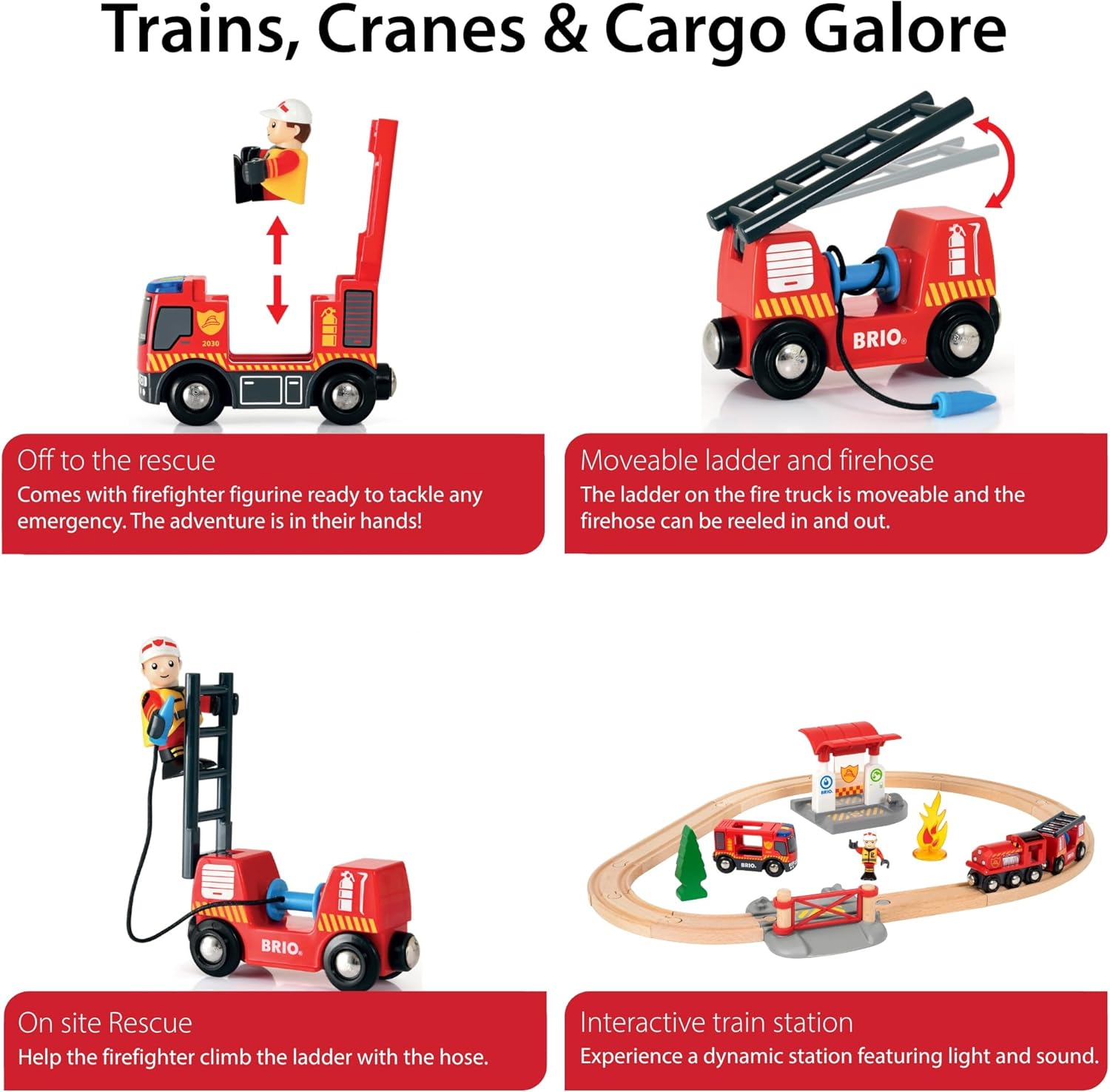 BRIO World Rescue Firefighter Set - 18-Piece FSC-Certified Wood Train Set & Accessories - Fire Train Engine with Lights and Sound, Wooden Tracks & More - Works with All Wooden Train Sets - Ages 3 & Up
