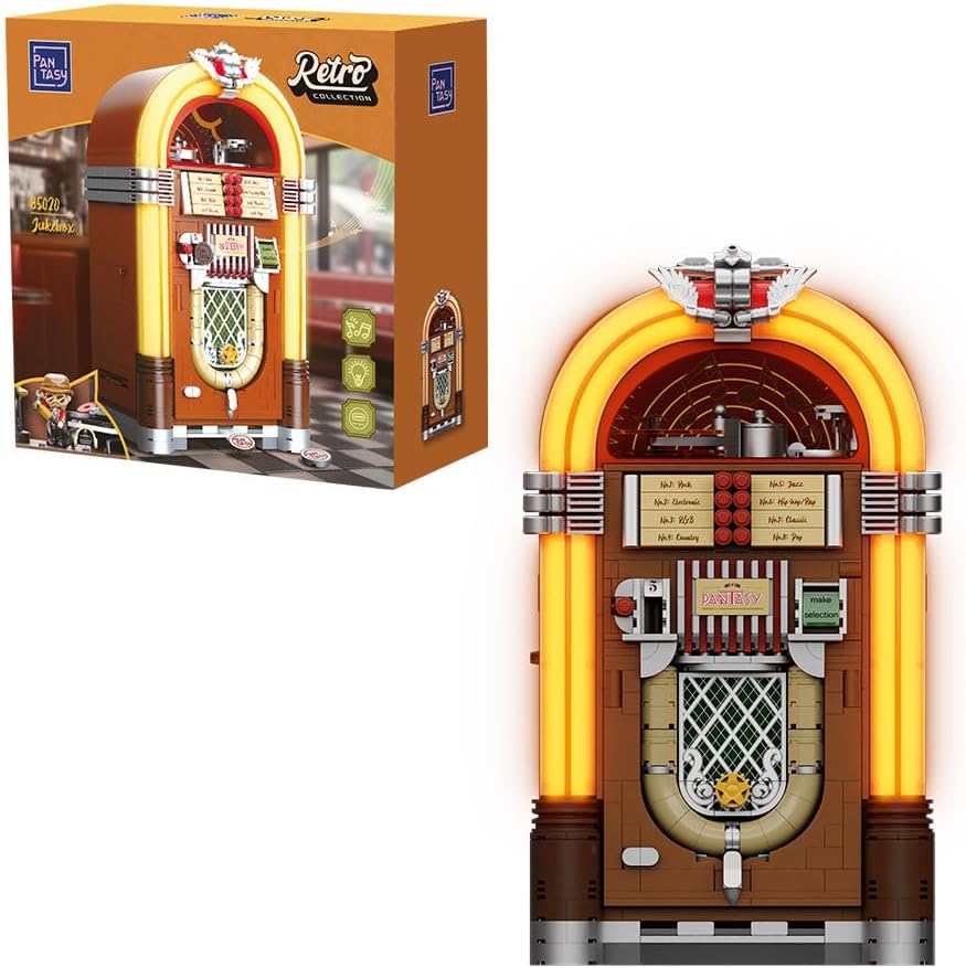 PANTASY Retro Jukebox Building Kit with Coin & Sound Function, Mechanical Music Box Model with Acrylic Records, Recording Studio & Minifigure, Collectible Construction Toy Gift for Adults and Teens