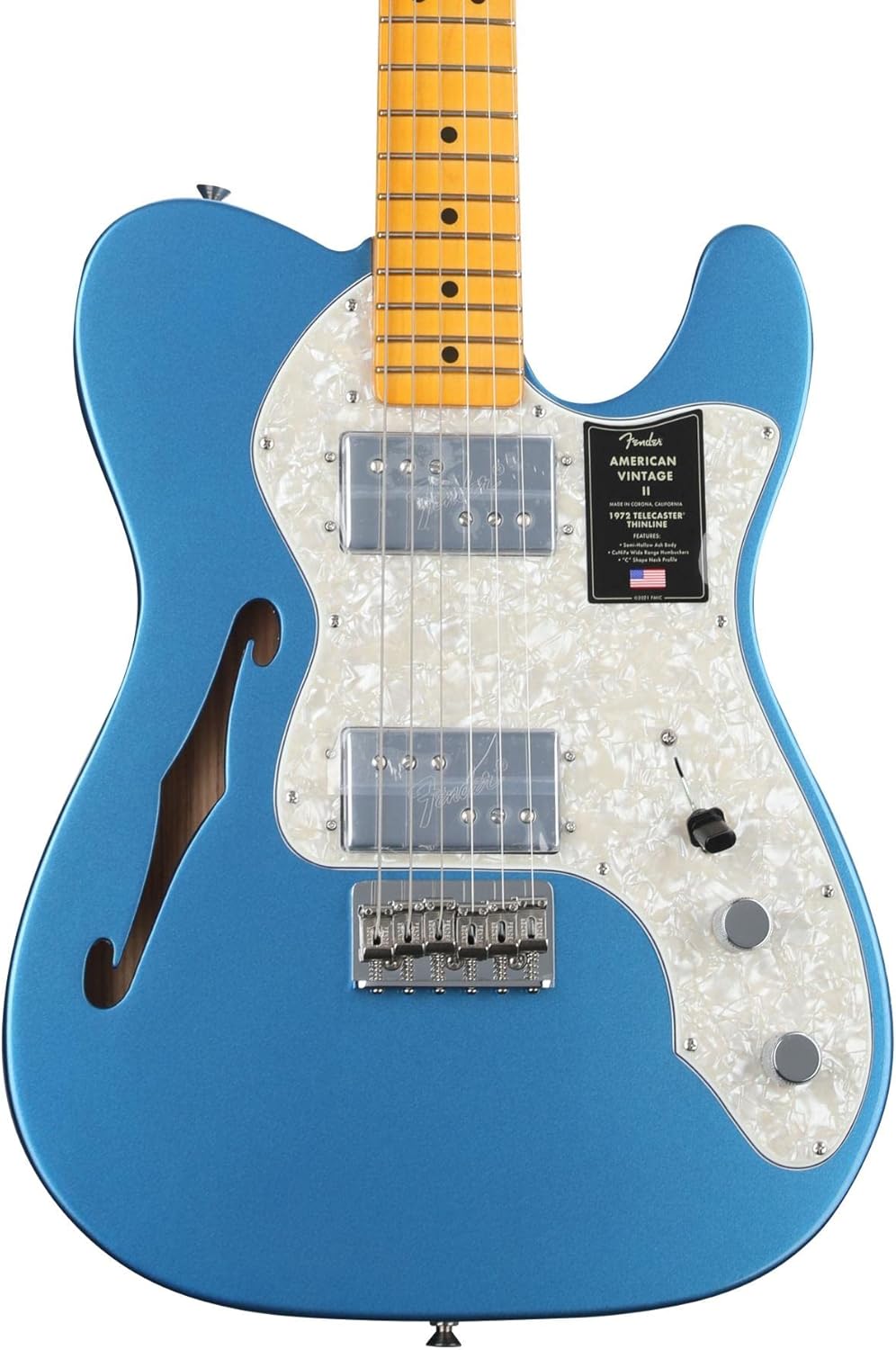 Fender American Vintage II 1972 Thinline Telecaster Electric Guitar, Lake Placid Blue, Maple Fingerboard