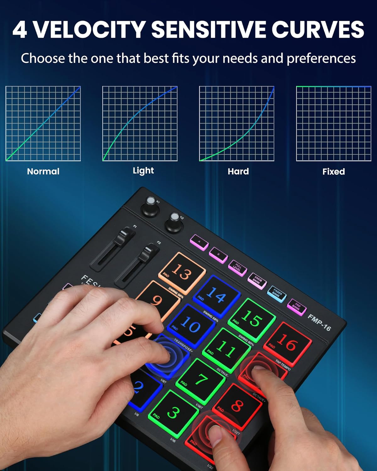 Fesley MIDI Controller Professional, Beat Maker Machine with 16 Beat Pads, MPC with 2 Assignable Fader & Knobs, Portable MIDI Pad Controller, Beat Machine for Music Making