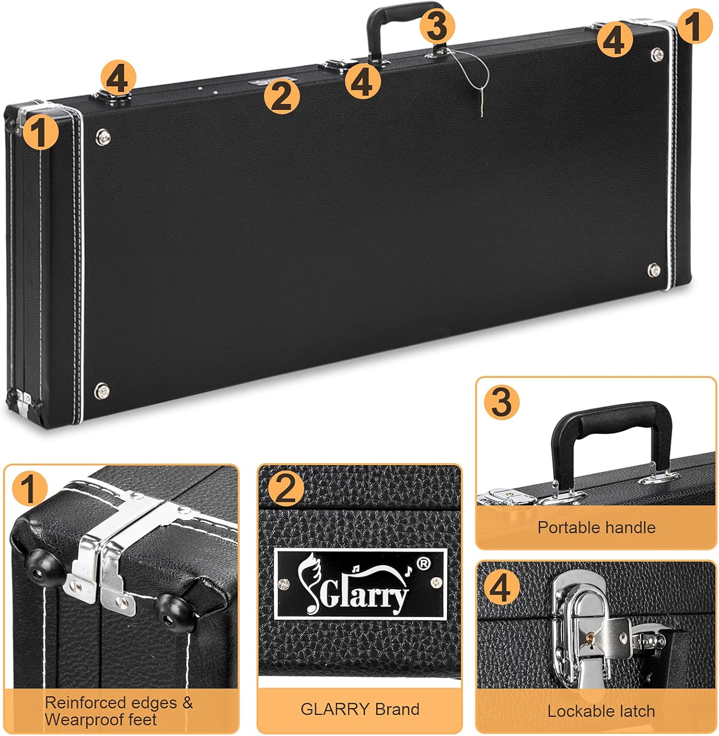 Glarry ST Deluxe Electric Guitar Hard Shell Case Portable Square Guitar Case Microgroove Flat With Extra Neck & Bridge Padding (Black)
