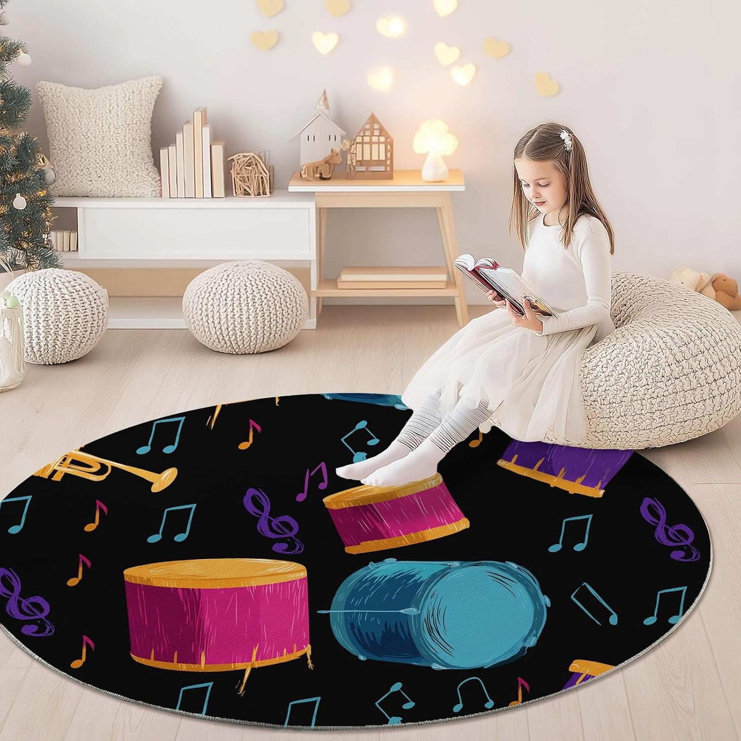 Round Printed Rug 5 ft Washable Circle Rug, Cartoon Musical Notes Drums Machine Washable Area Rugs, Black Non-Slip Low Pile Carpets for Kids Room Dining Room Entrance Bedside Mats Floor Decor