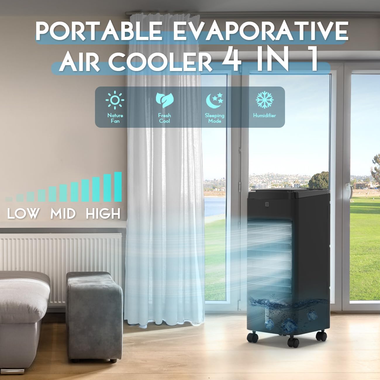 NOMEY Evaporative Air Cooler, 3-IN-1 Air Conditioner Portable for Room w/ 4 Modes & 3 Speed, 12H Timer, 1 Gal Detachable Water Tank, 4 Ice Packs, Remote, 70° Oscillation Air Cooler for Bedroom Indoor